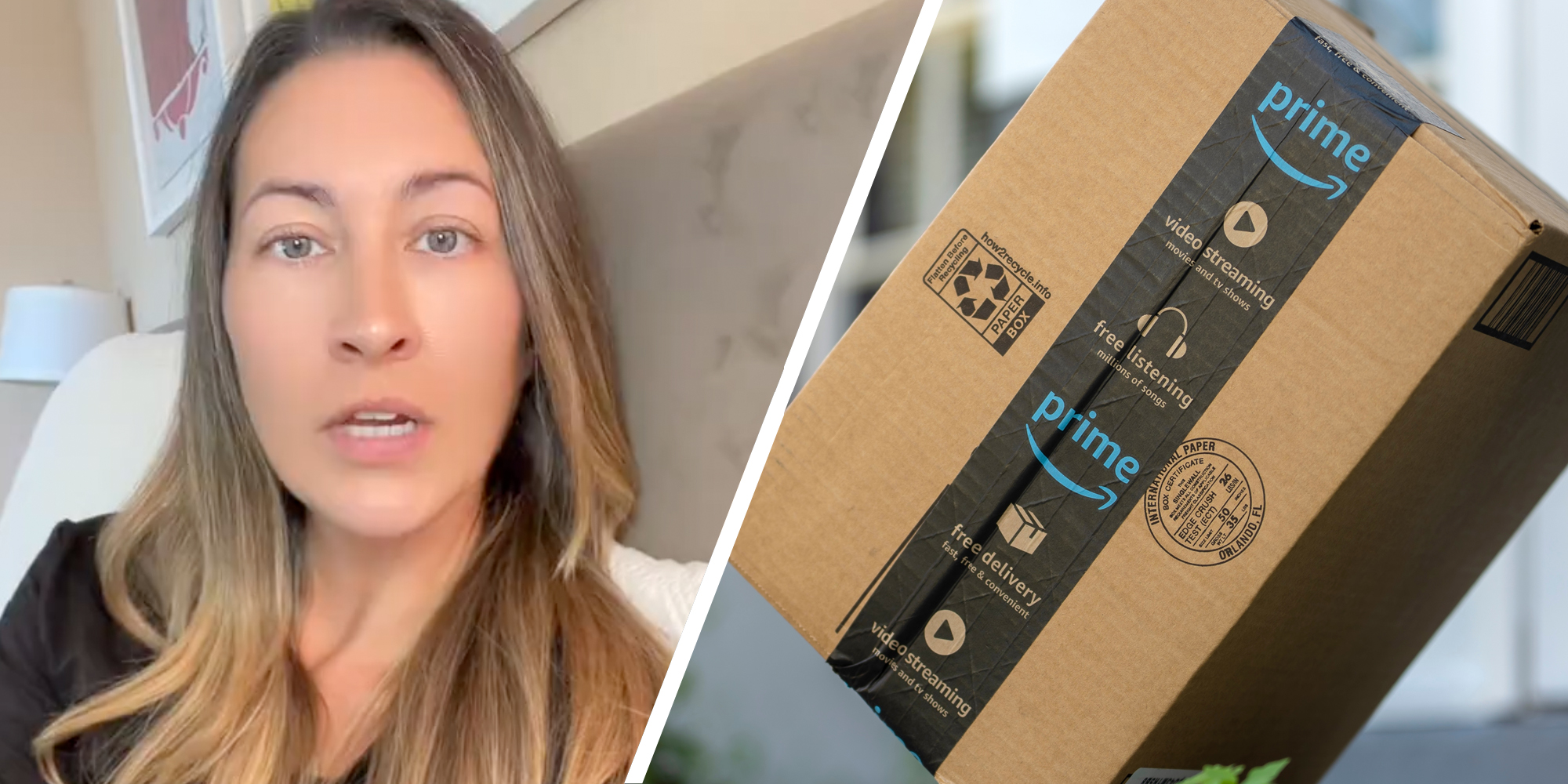 Woman talking(l), Amazon prime package(r)