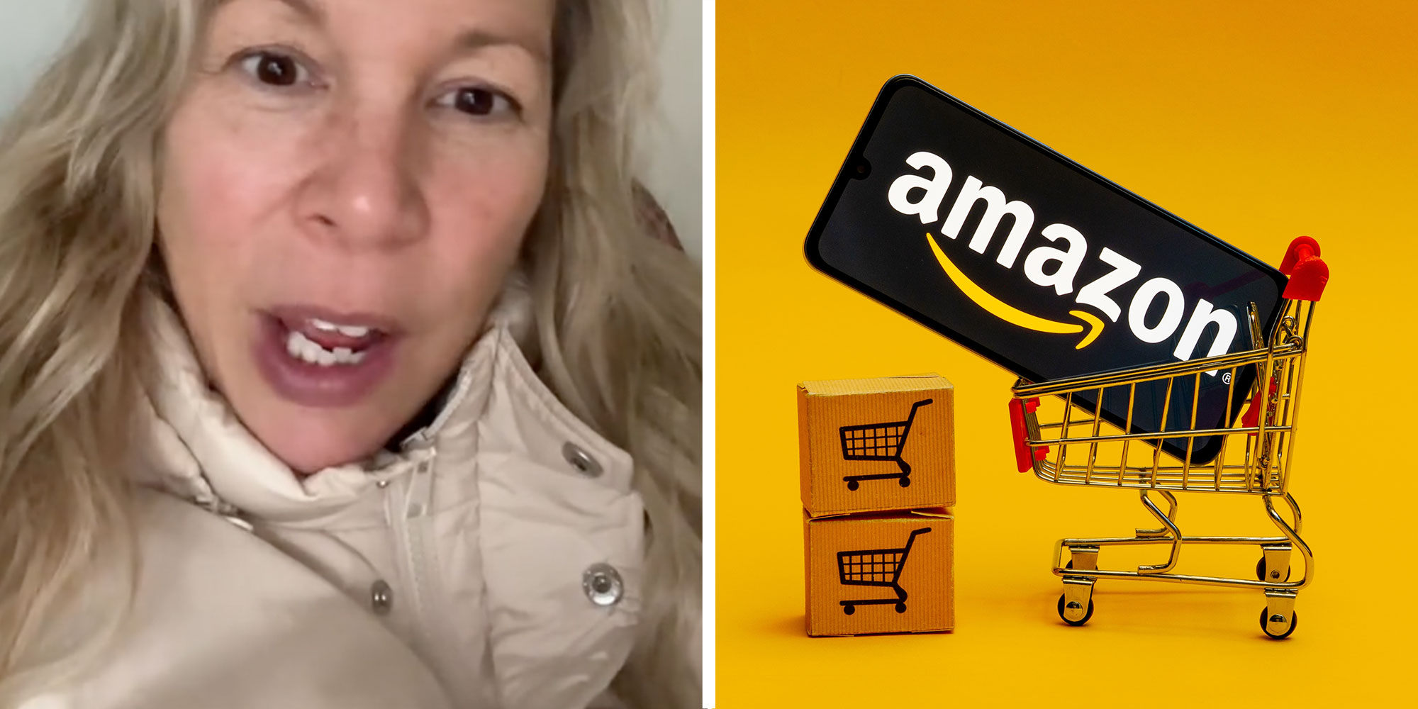 Two panel design with a woman looking shocked at the camera in one, next to an image of a Amazon Logo in a shopping cart