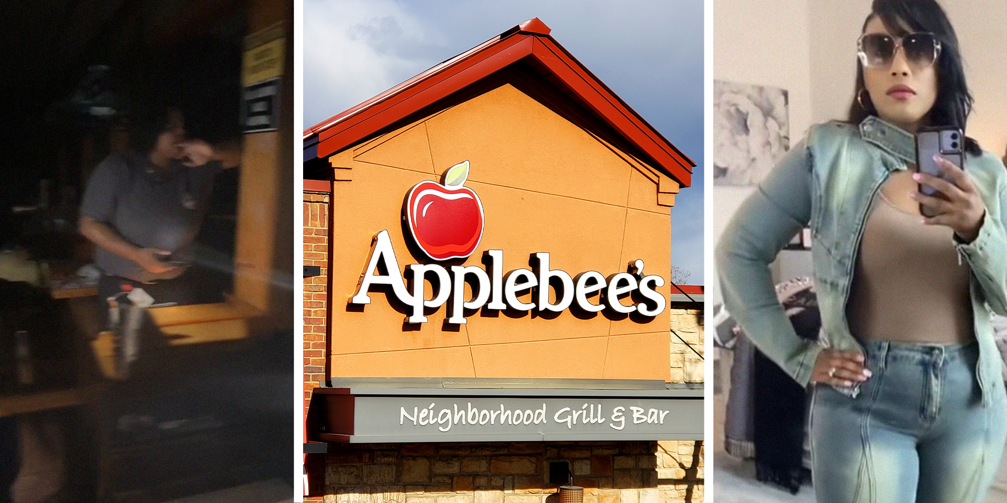 Applebee's worker in power outage at restaurant(l) Applebee's Restaurant Sign(c) Woman posing for selfie video(r)