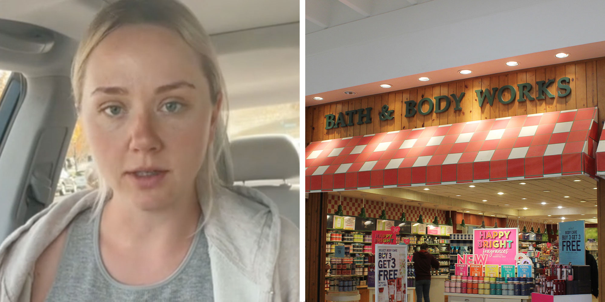 Two panel design with a woman talking from inside her car as she looks at the camera, next to an image of a Bath and Body Works store