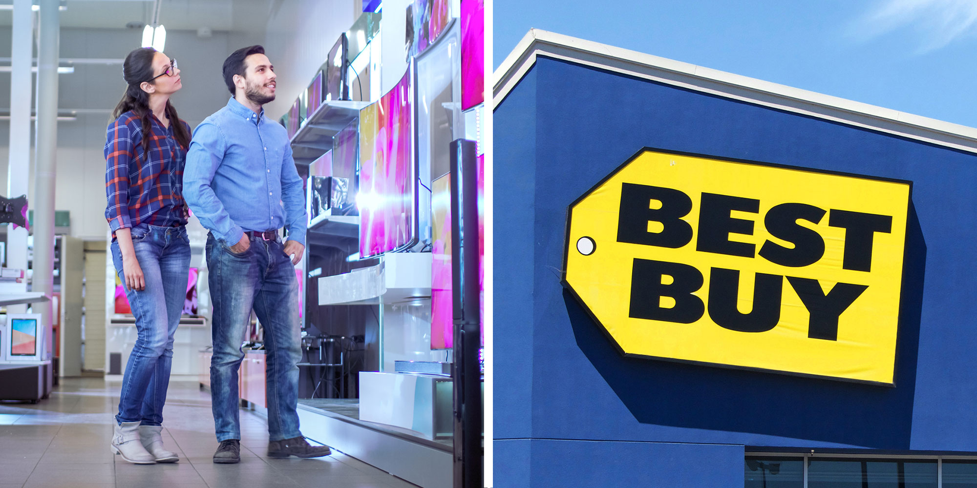 Two panel design with a couple looking at TVs in a Best Buy, next to an image of a Best Buy sign