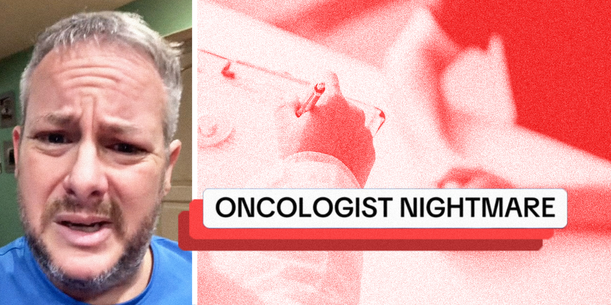 2 panel image: on the left is a person talking, on the right a scene from a doctor's office.