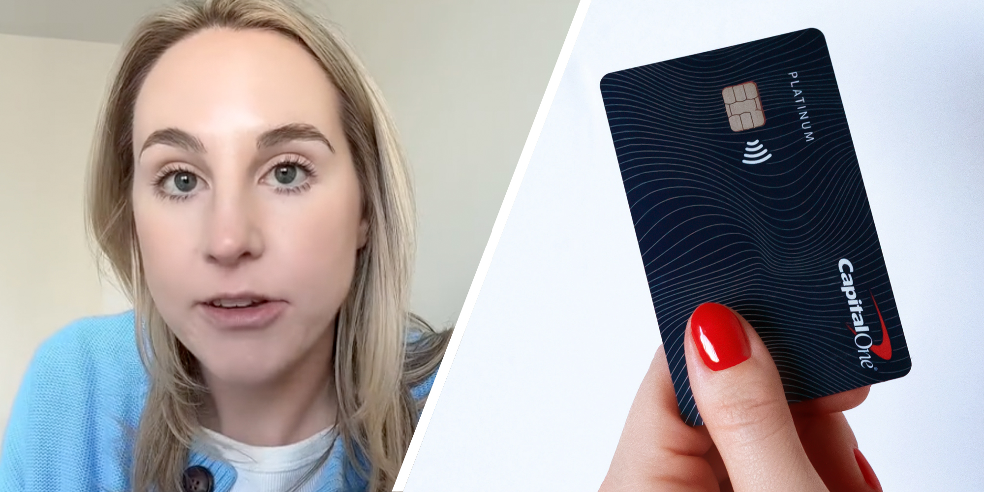 Woman talking(l), Hand holding capitol one credit card(R)