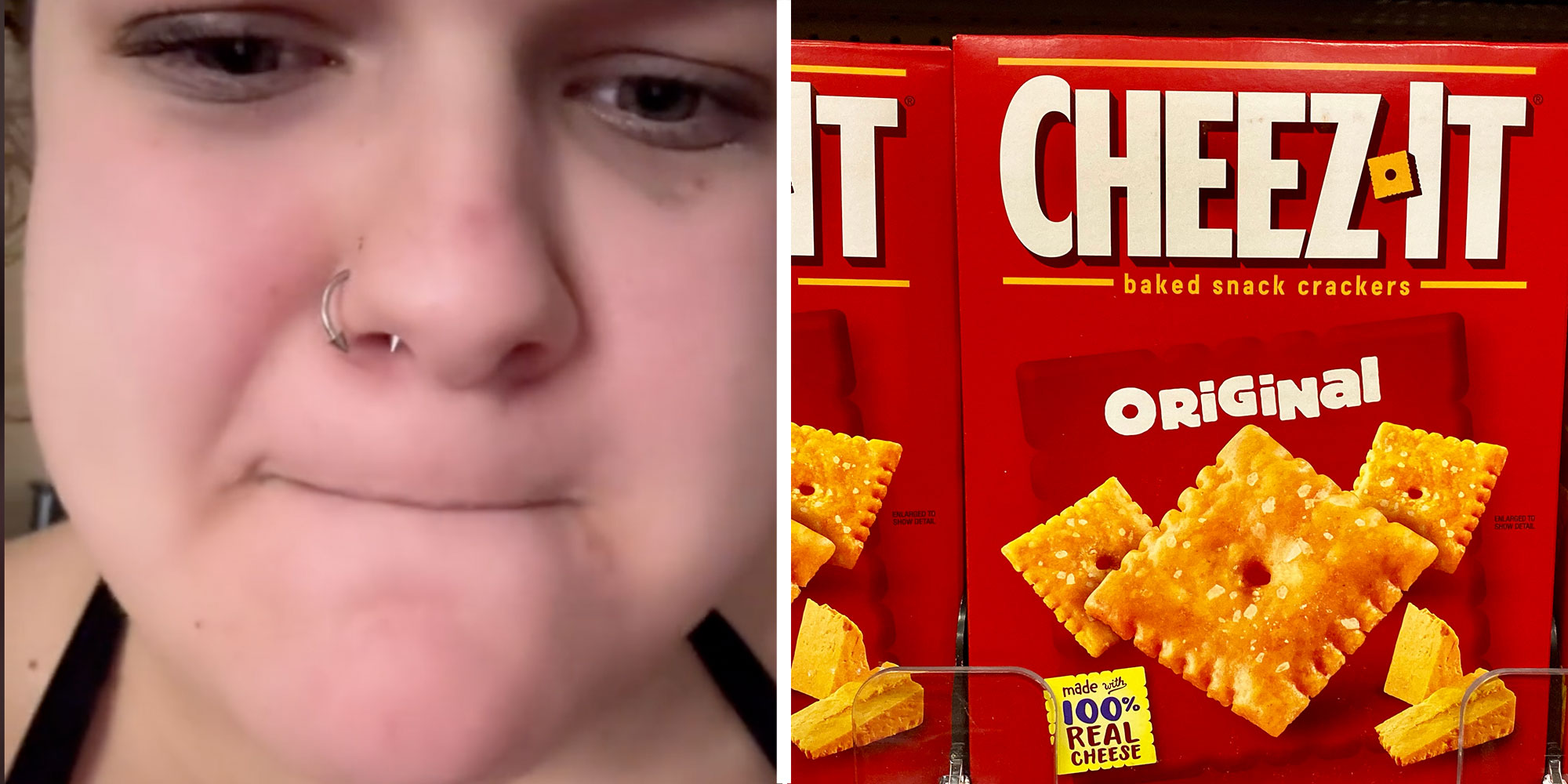 Two panel design with a person pressing her lips together in discuss in one, next to an image of a box of cheez-its