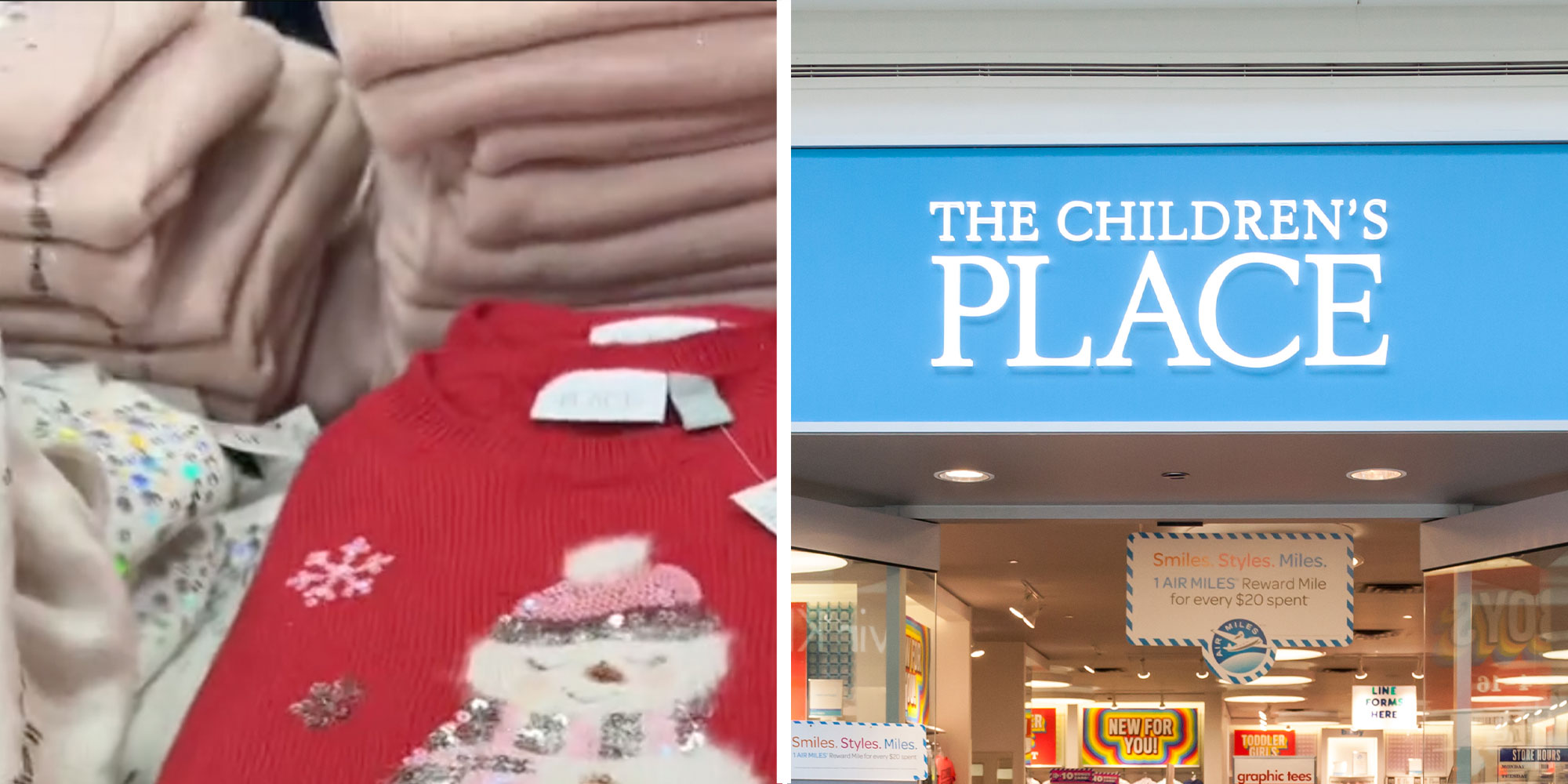 Two panel design with an image of a stack of christmas sweaters, next to an image of a Children's Place