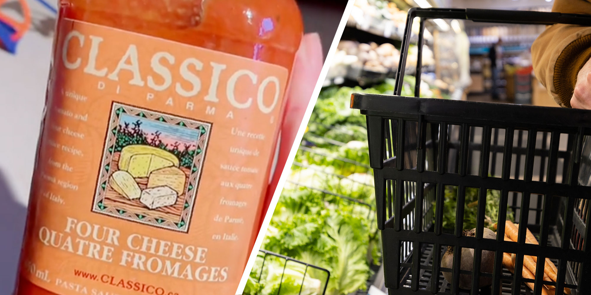 two panel design with close up of Classico for cheese sauce, next to an image of a person in a grocery store