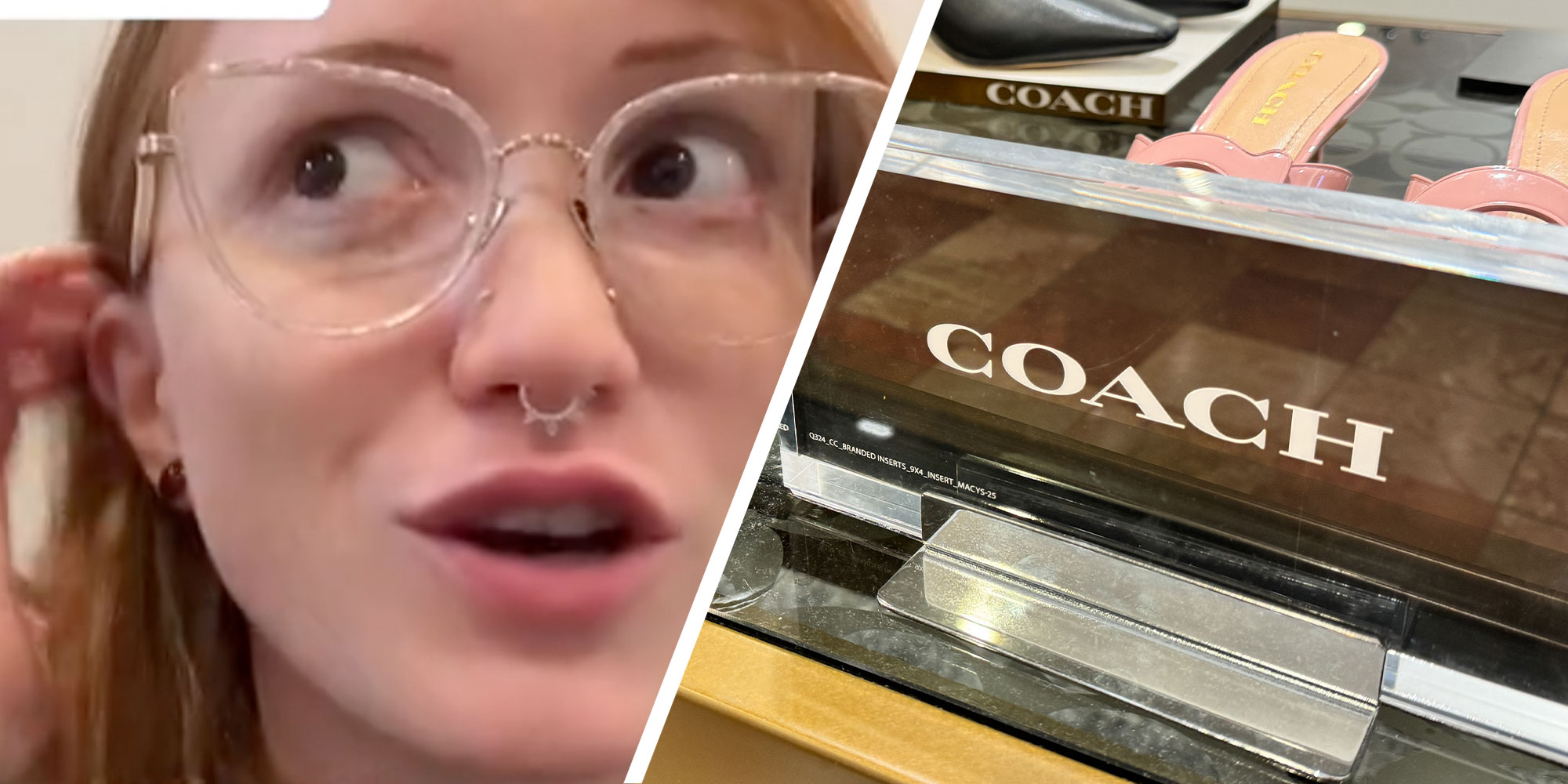Two panel design with a woman mid speaking as she talks to the camera, next to an image of a Coach bag logo
