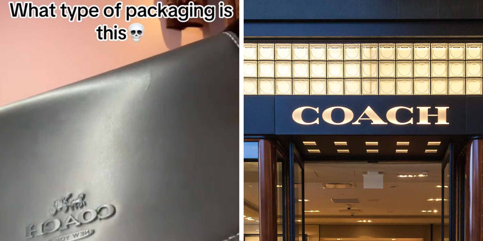 Two panel design with a person holding up a coach bag with text reading "what type of packaging is this", next to an image of a Coach store