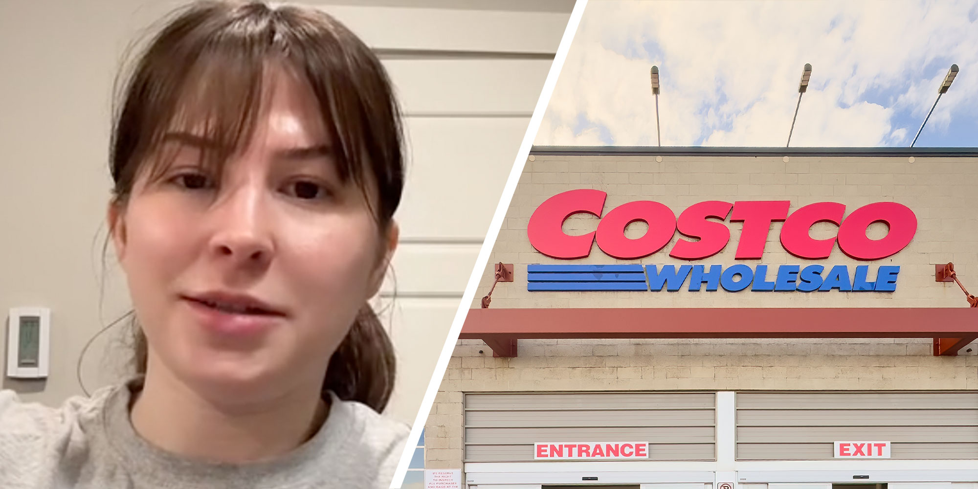 Two panel design with a woman looking at the camera next to an image of a Costco.