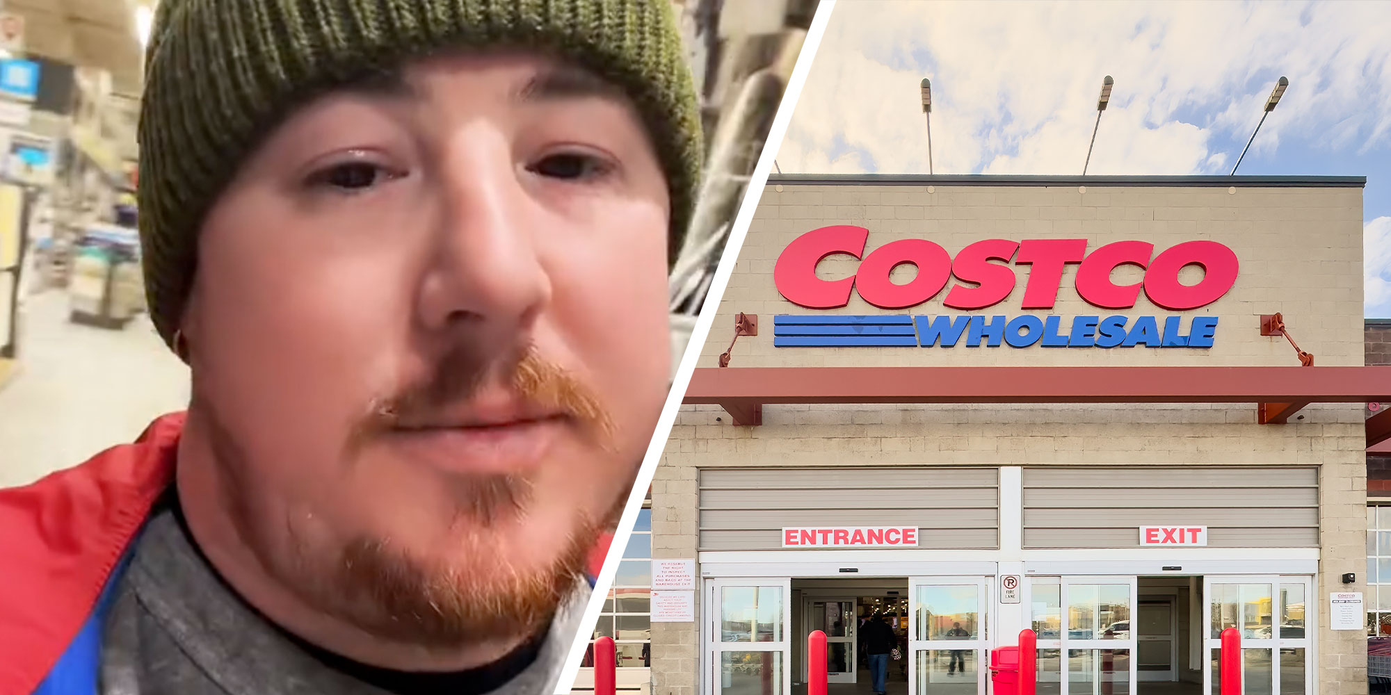 Two panel design with a person walking through a store in one, next to an image of a Costco