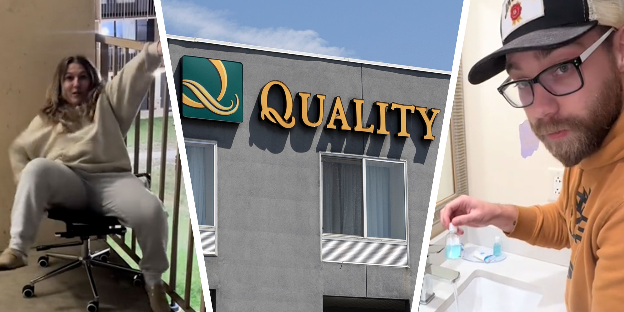 Three panel design with a woman who seems to be falling over in a chair in one, she in on a Balcony. The next image is the outside of a Quality Inn, next to an image of a man holding up soap that is half used.
