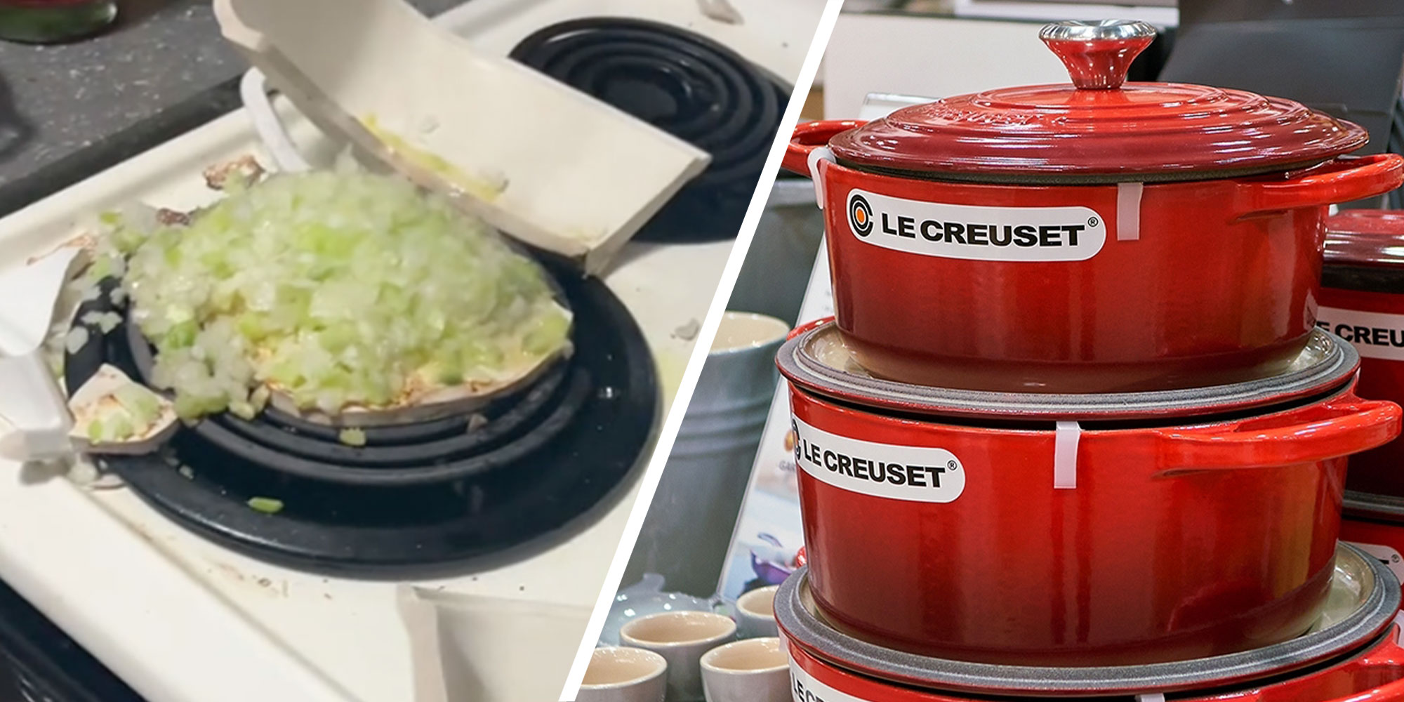 Two panel design with a broken pan mid cooking on a stove, net to a stack of cookware.