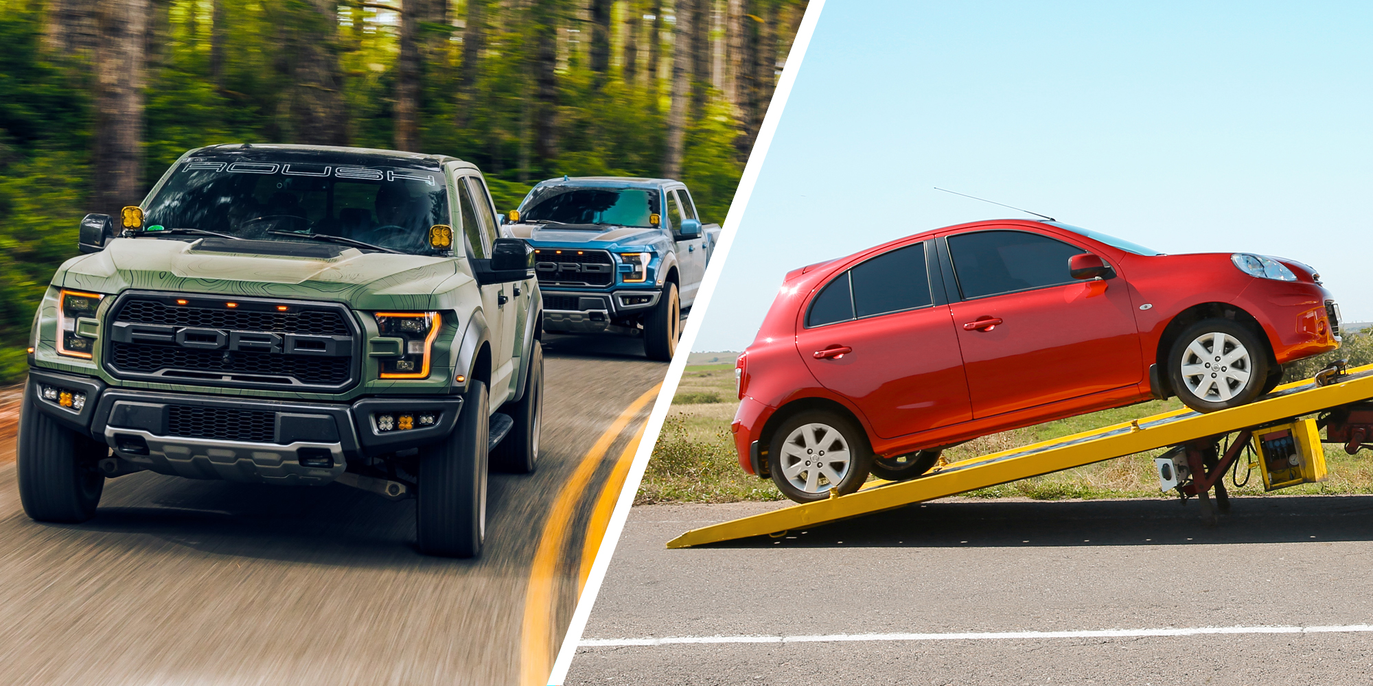 Trucks on road(l), Car getting towed(r)
