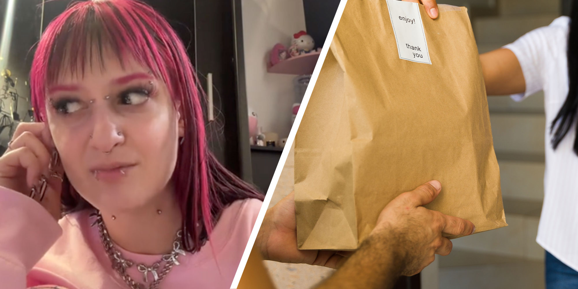 two panel design with a woman looking annoyed in one, next to an image of a person handing someone else food delivery