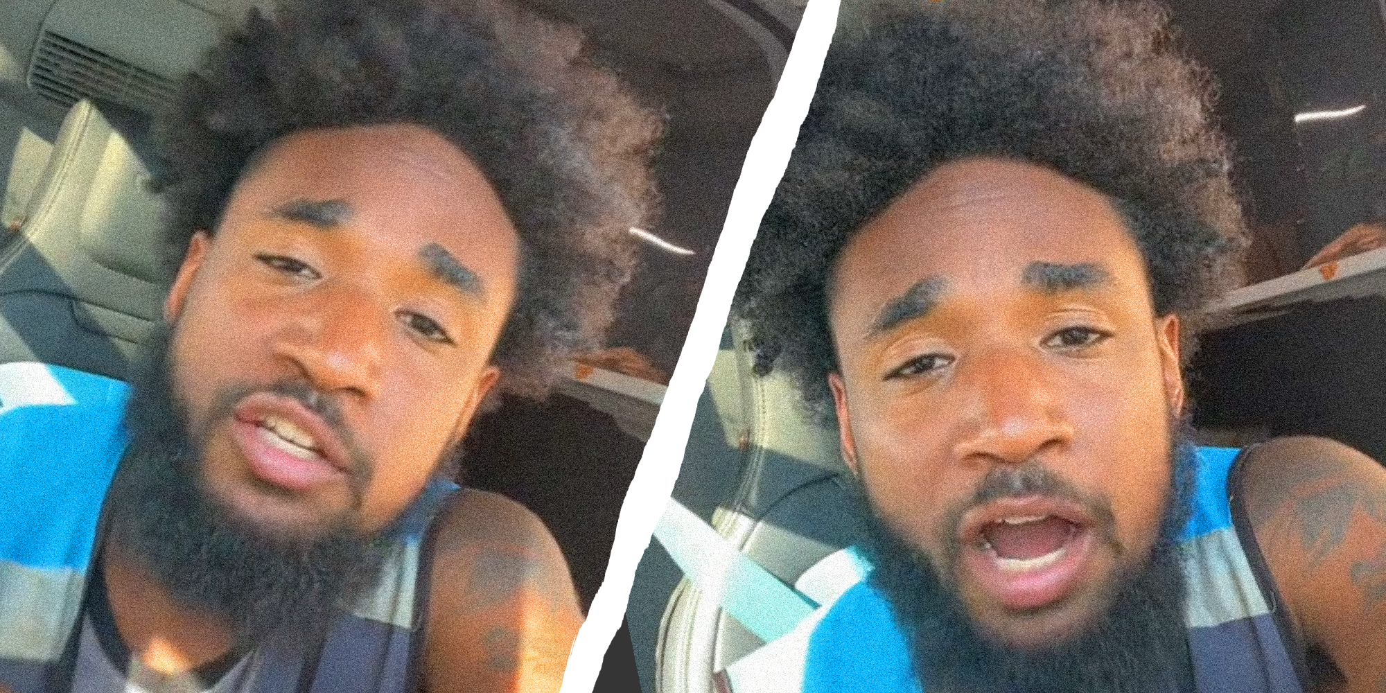 Two-panel image of a person talking in their car.