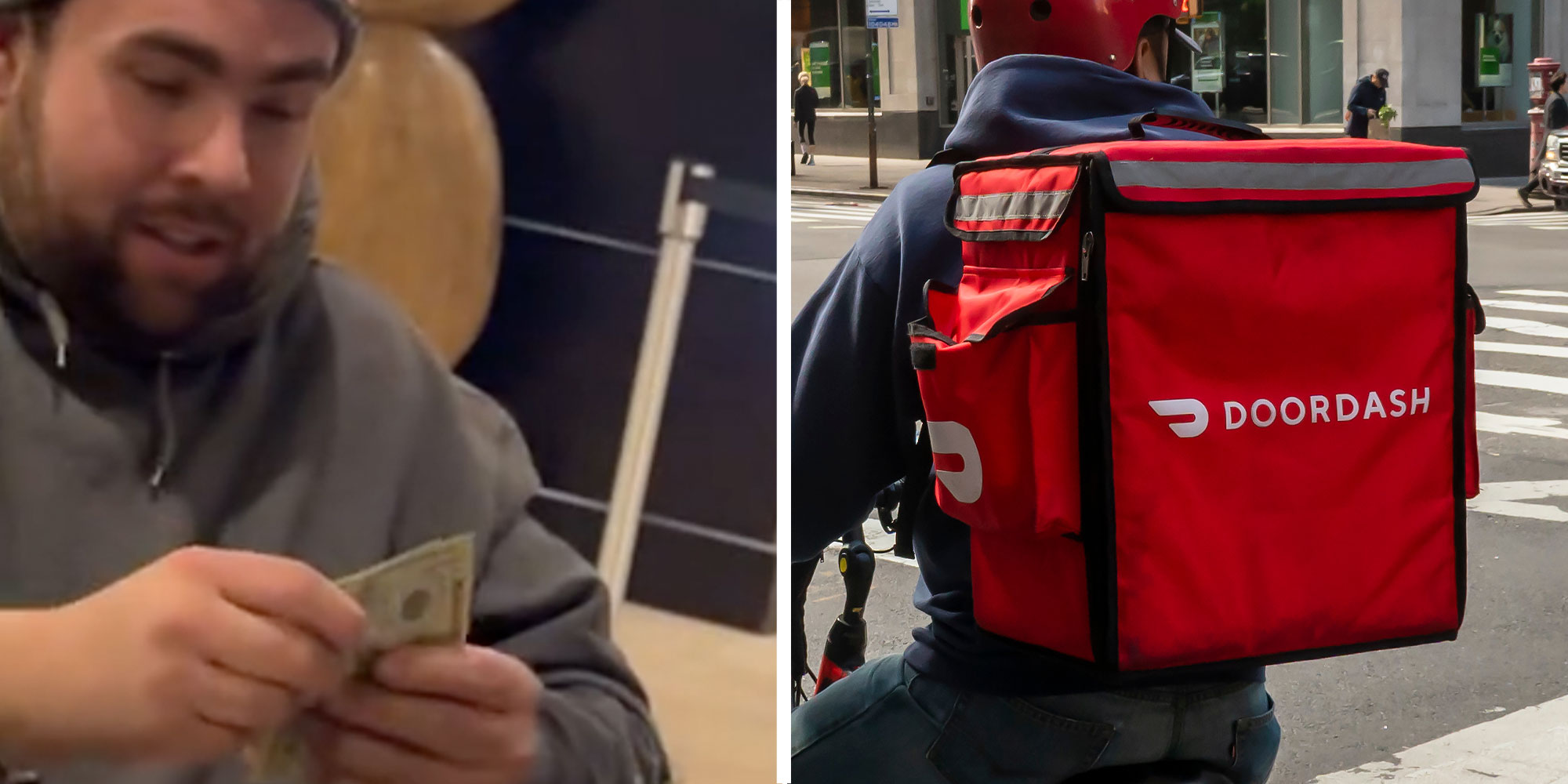 Two panel design with a man giving someone cash, next to an image of a Door Dash delivery person