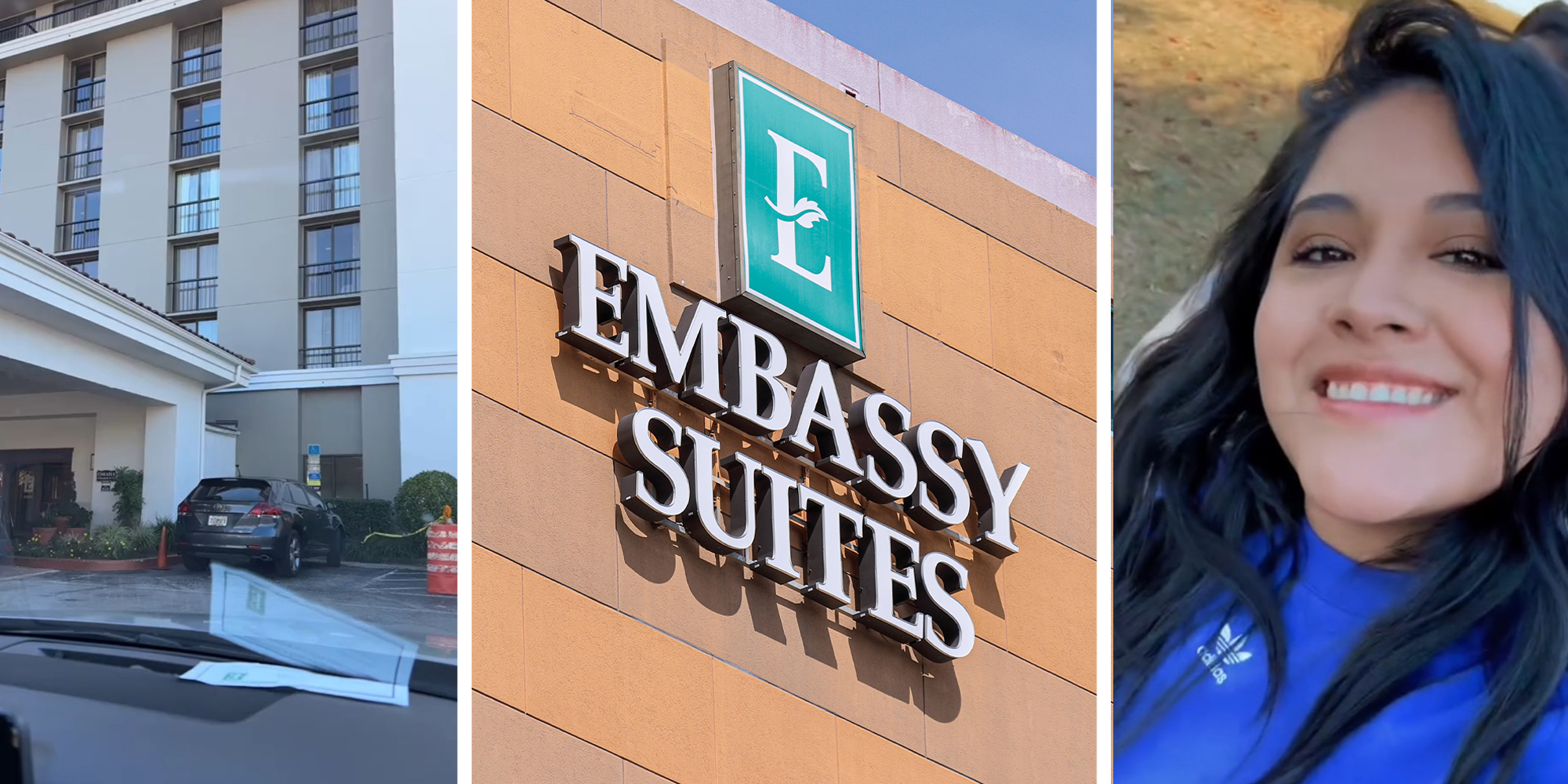 hotel Parking Lot(l) Embassy Suites(c) Woman smiling(r)