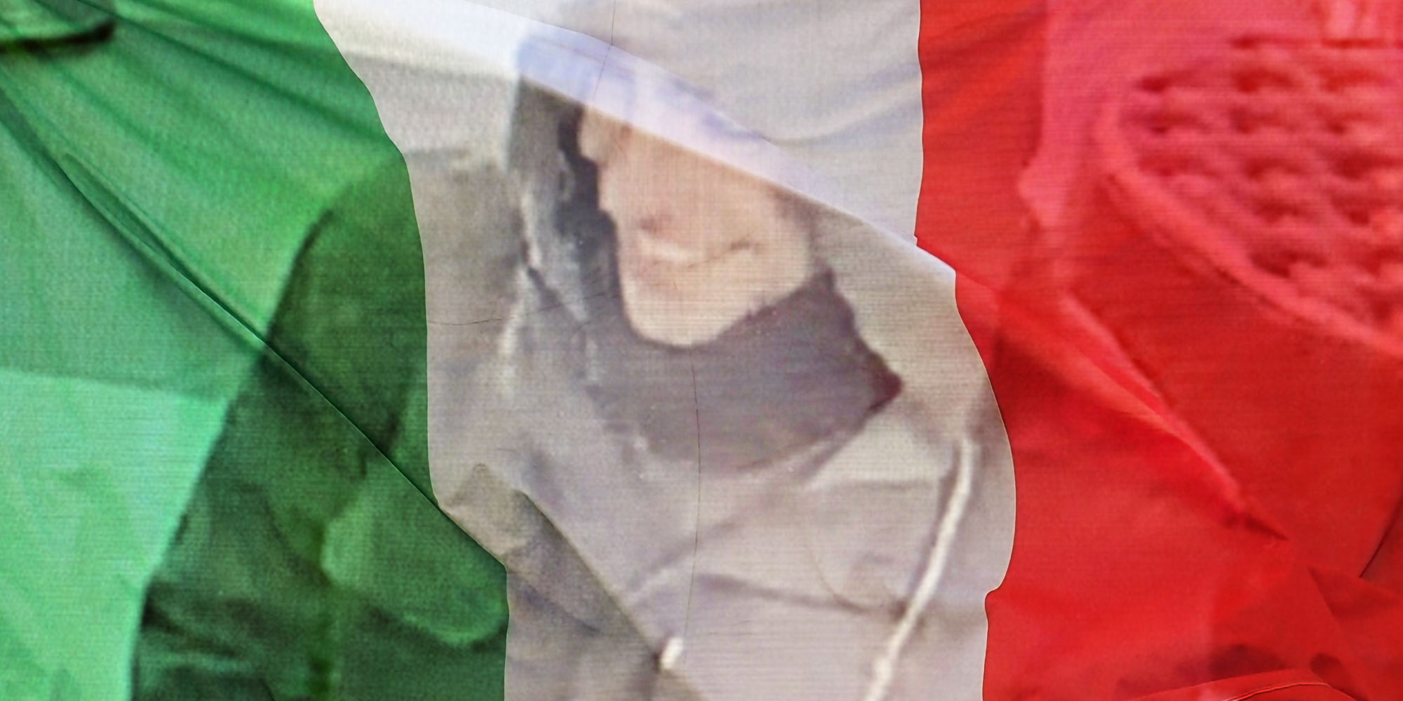Single design with an Italian flag overlaid on an image of a suspect in a crime