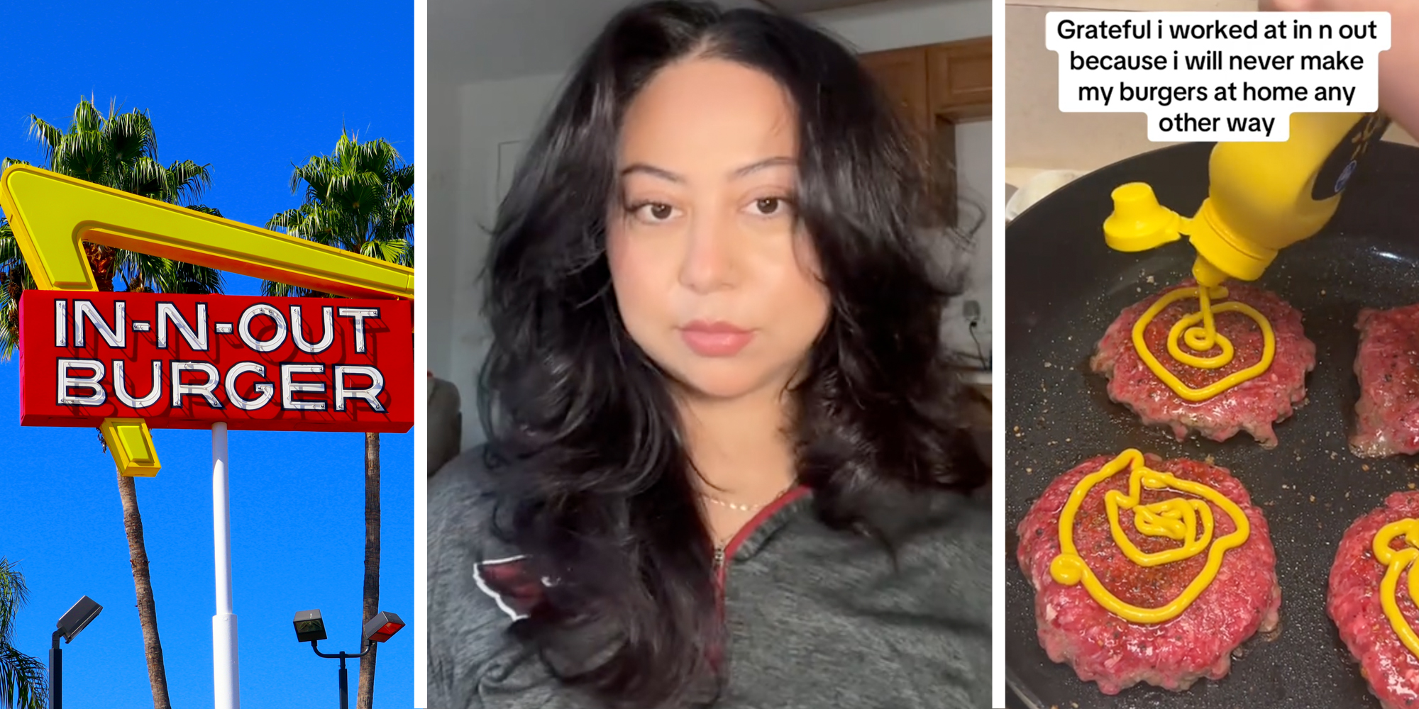 In-n-out burger(L), Woman talking(c), burgers in pan(r)