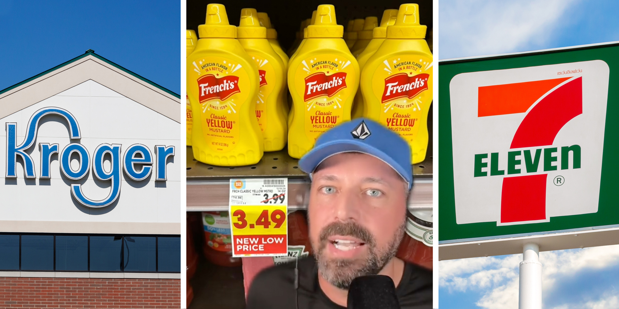 Kroger's(L), Man talking in front of French's mustard(c), 7-11 sign(r)