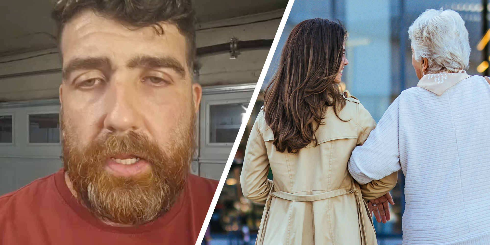 Man talking(l), Younger woman walking with older woman(r)