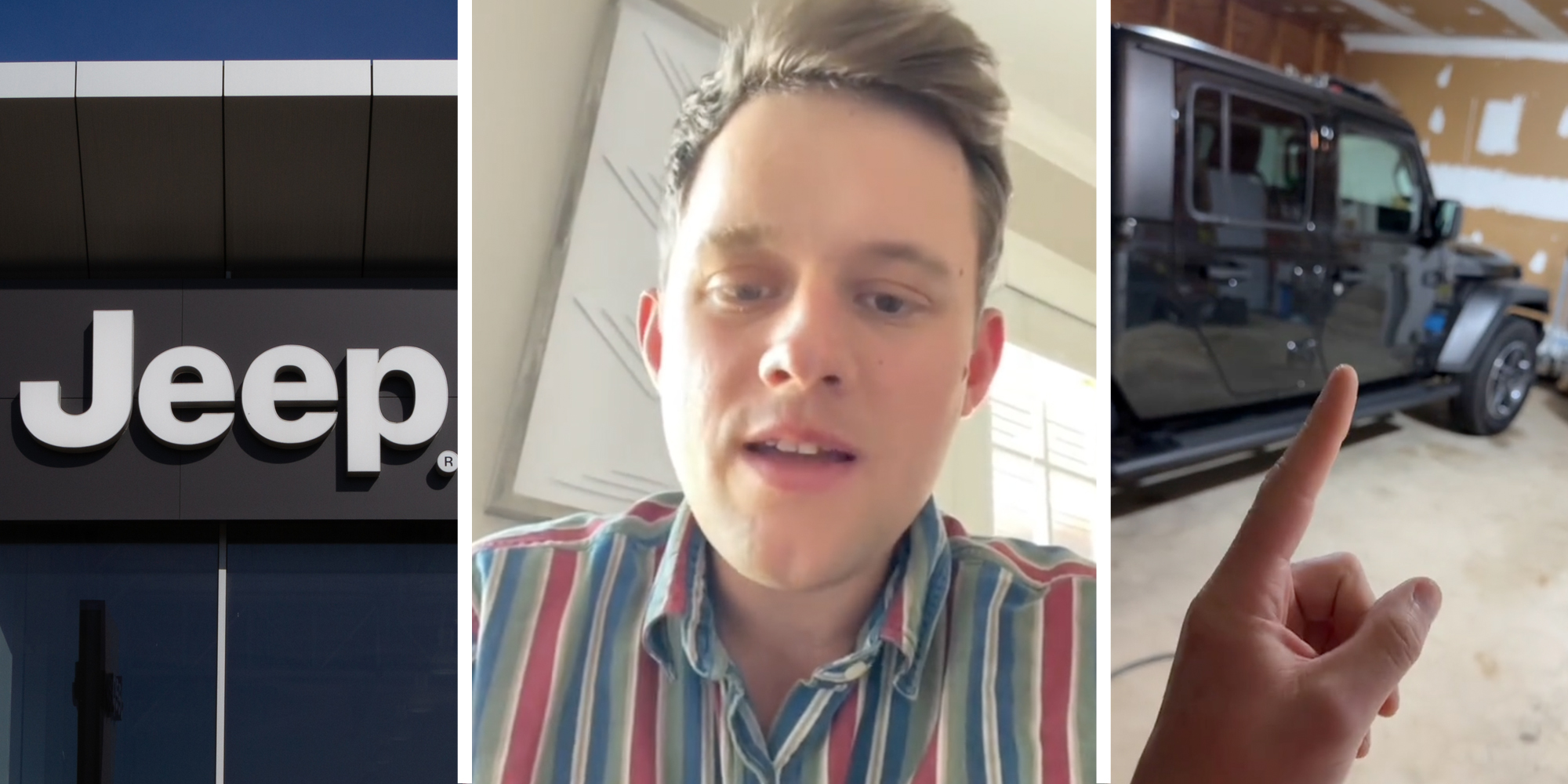 Jeep logo(l), Man talking(c), Hand pointing to jeep(r)