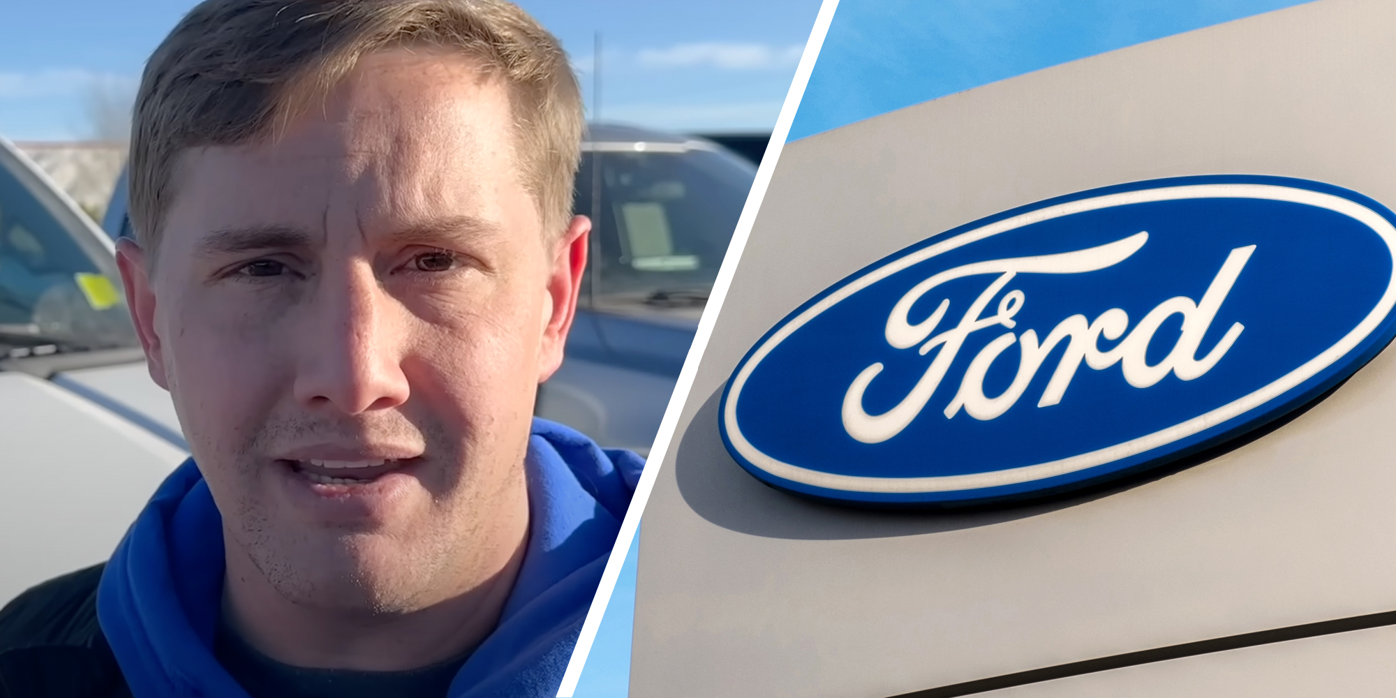 Man talking(l), Ford sign(r)