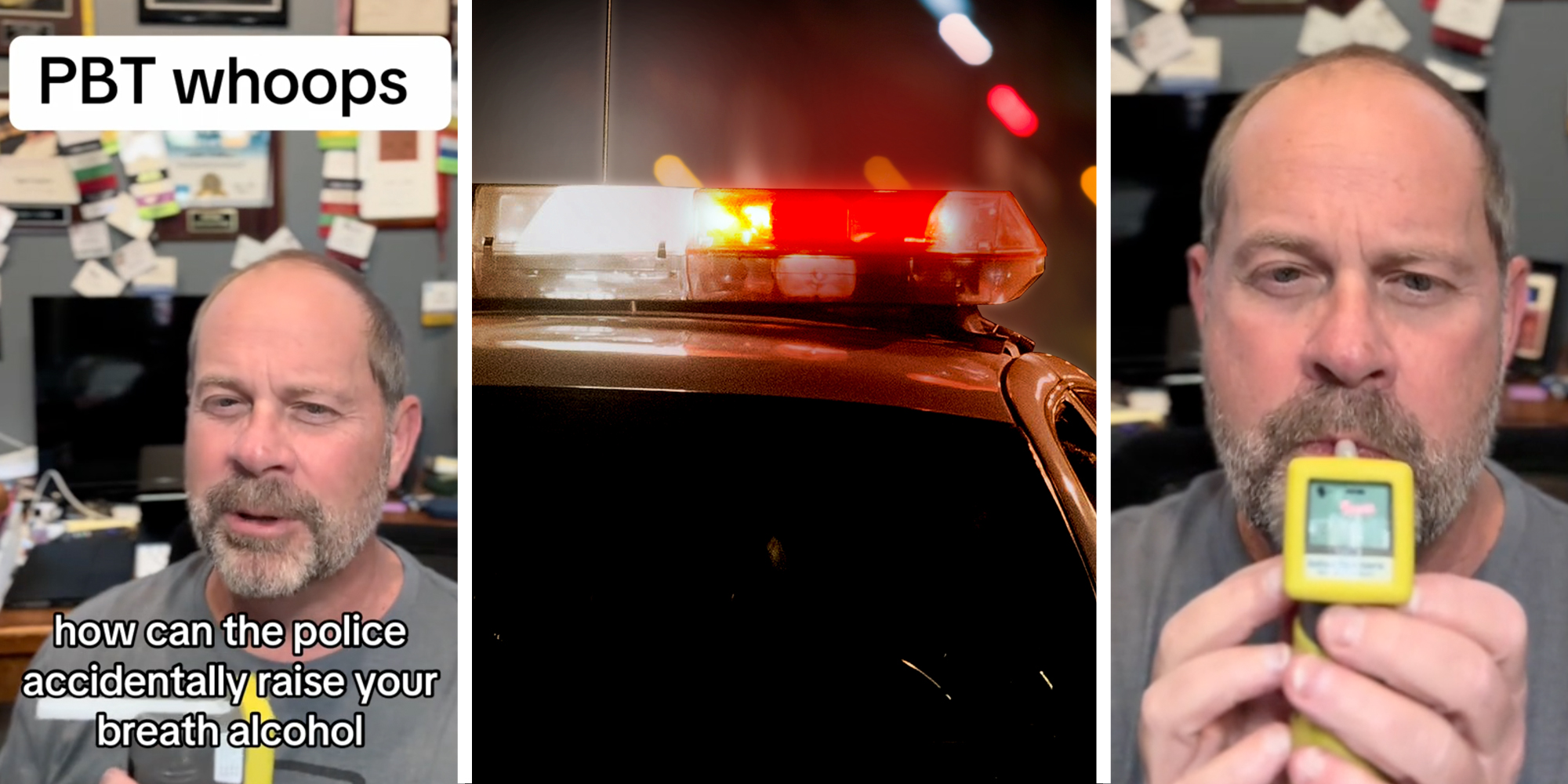 Man talking(l), Police car(c), Man blowing into breathalyzer(r)