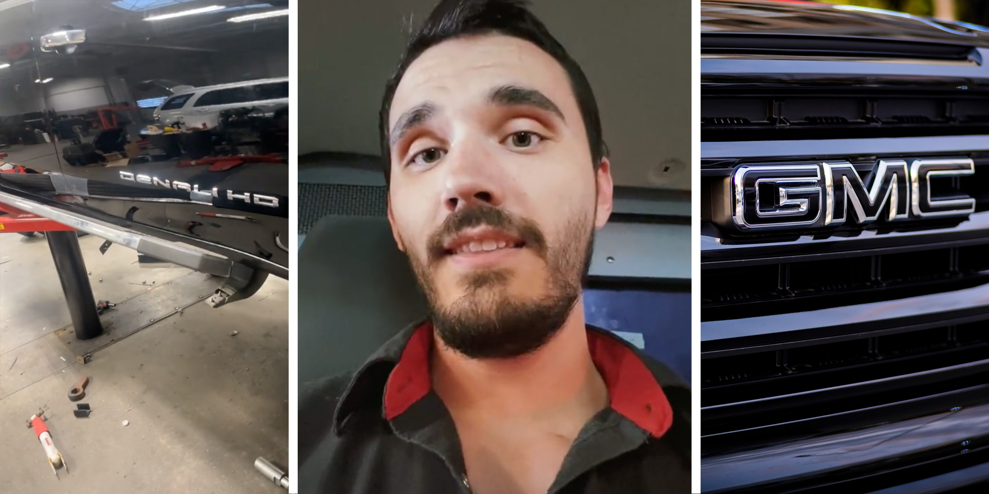 Car being worked on(l), Man talking(c), GMC logo(r)