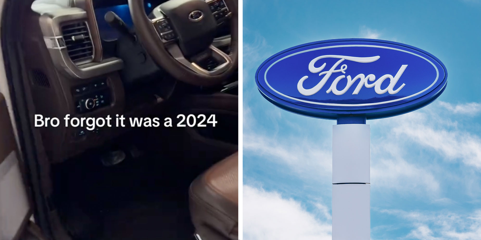 Two panel design with text reading "Bro forgot it was a 2024" over a car, next to an image of a Ford sign