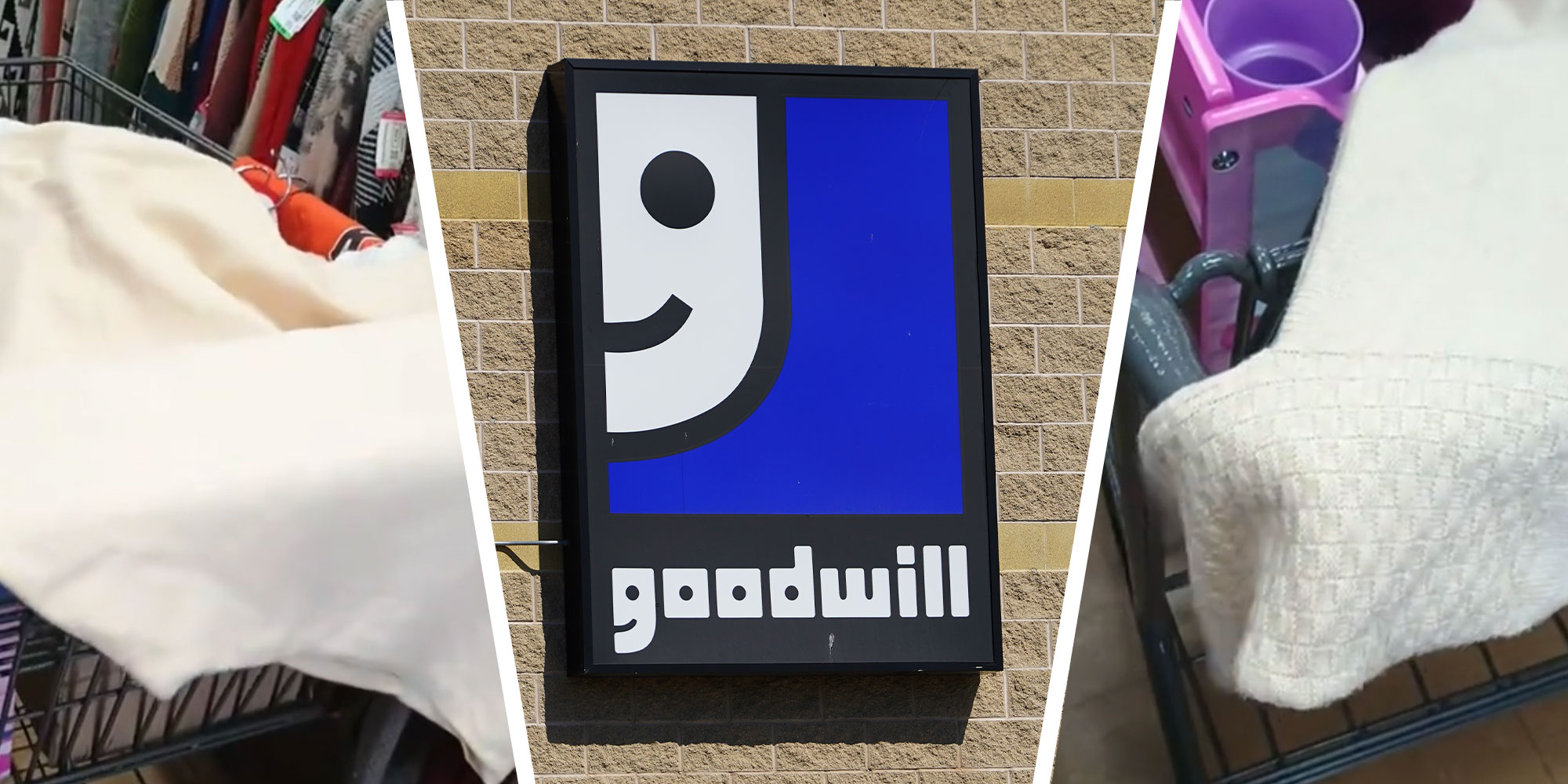 three panel design with a close up of a white sweater with an odd shape next to an image of a goodwill sign, next to an image of the same sweater