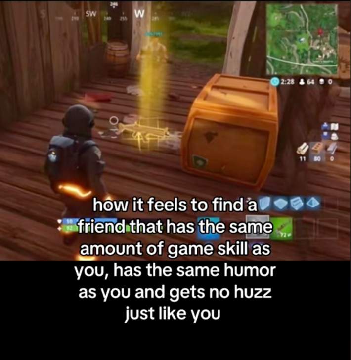 Gold Scar meme with text overlay that reads, "how it feels to find a friend that has the same amount of game skill as you, has the same humor as you and gets no huzz just like you."