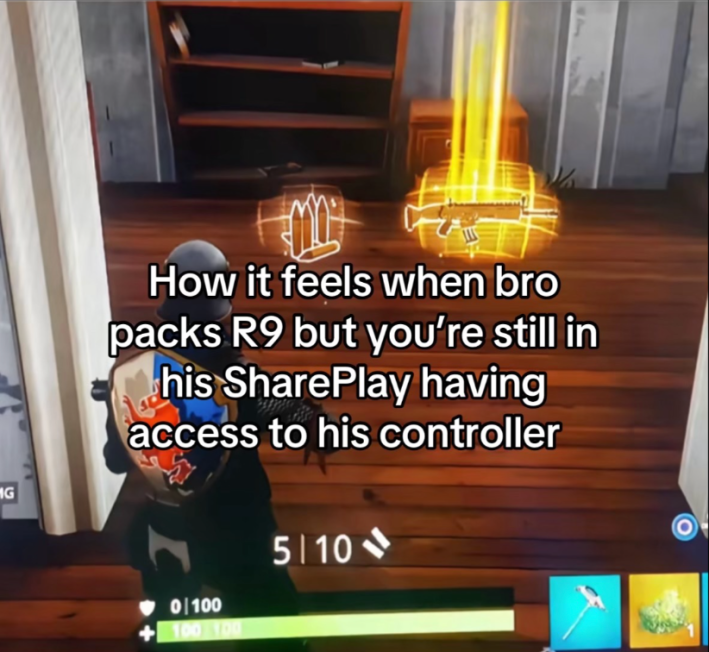 Gold Scar meme with text overlay that reads, "How it feels when bro packs R9 but you're still in his SharePlay having access to his controller."