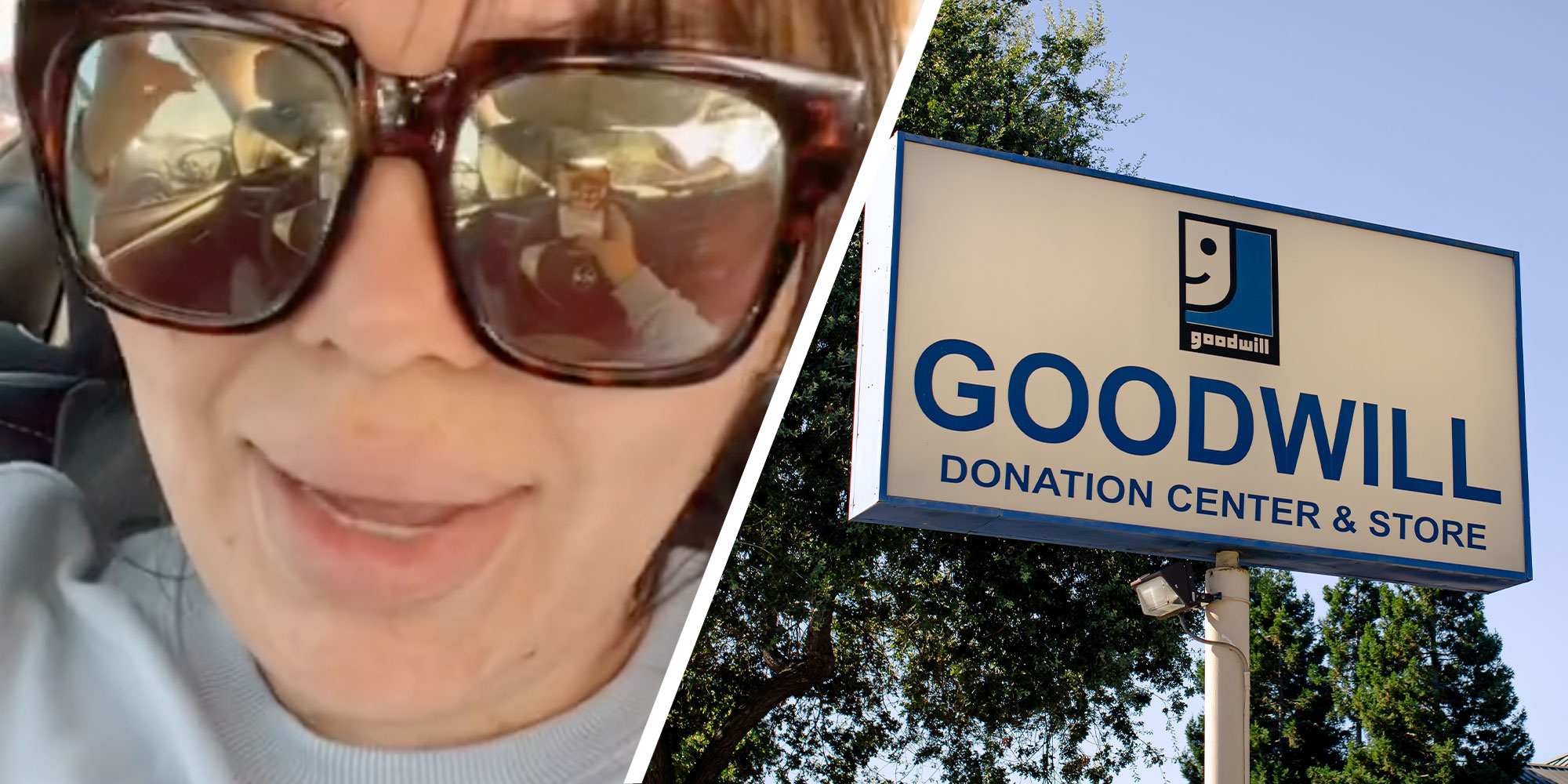 Two panel design with a woman looking at the camera and seemingly upset, next to an image of a Goodwill sign.