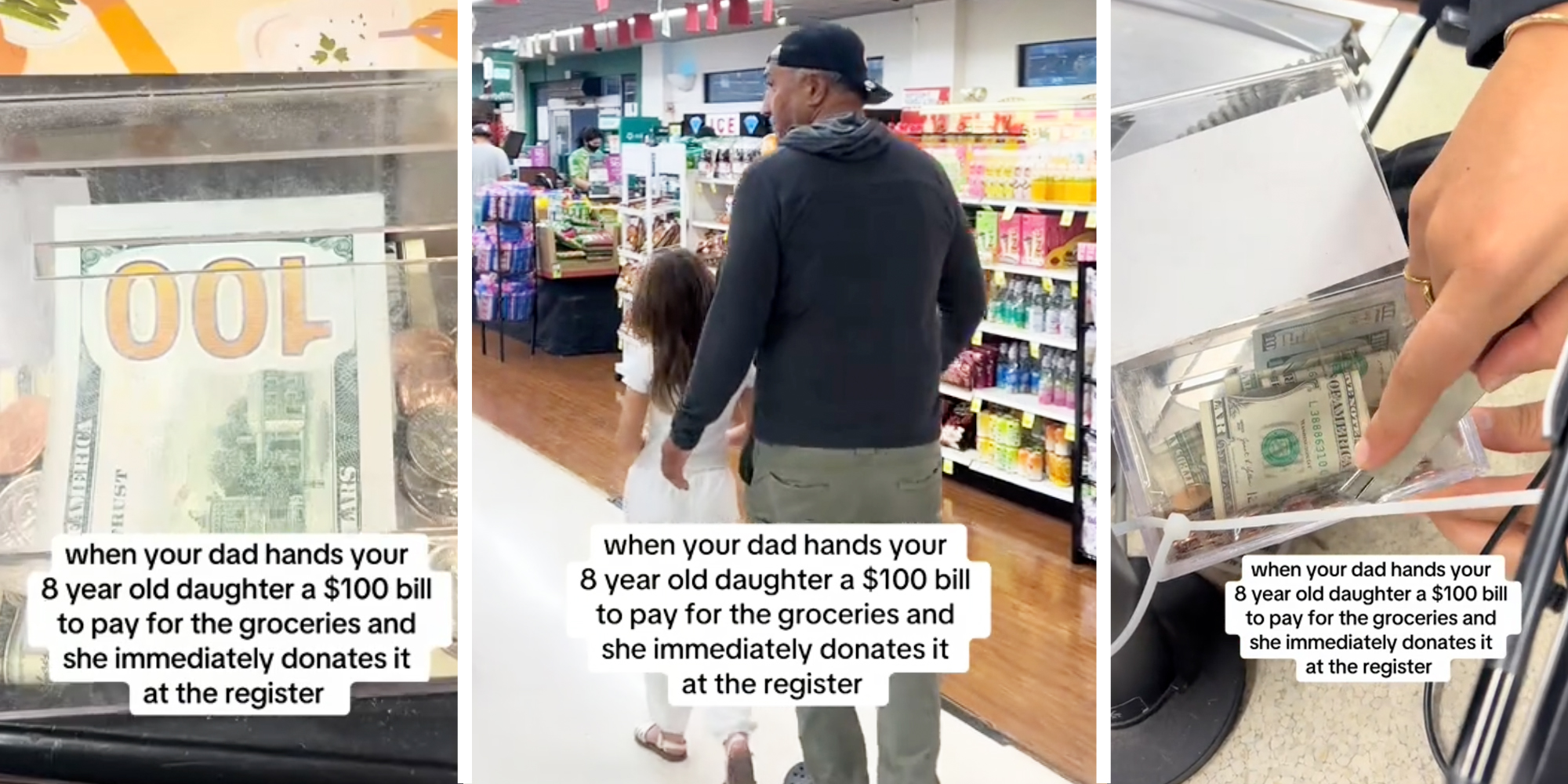 $100 in box(l), Father and daughter walking in grocery store(c), Hand using knife to open box(r)