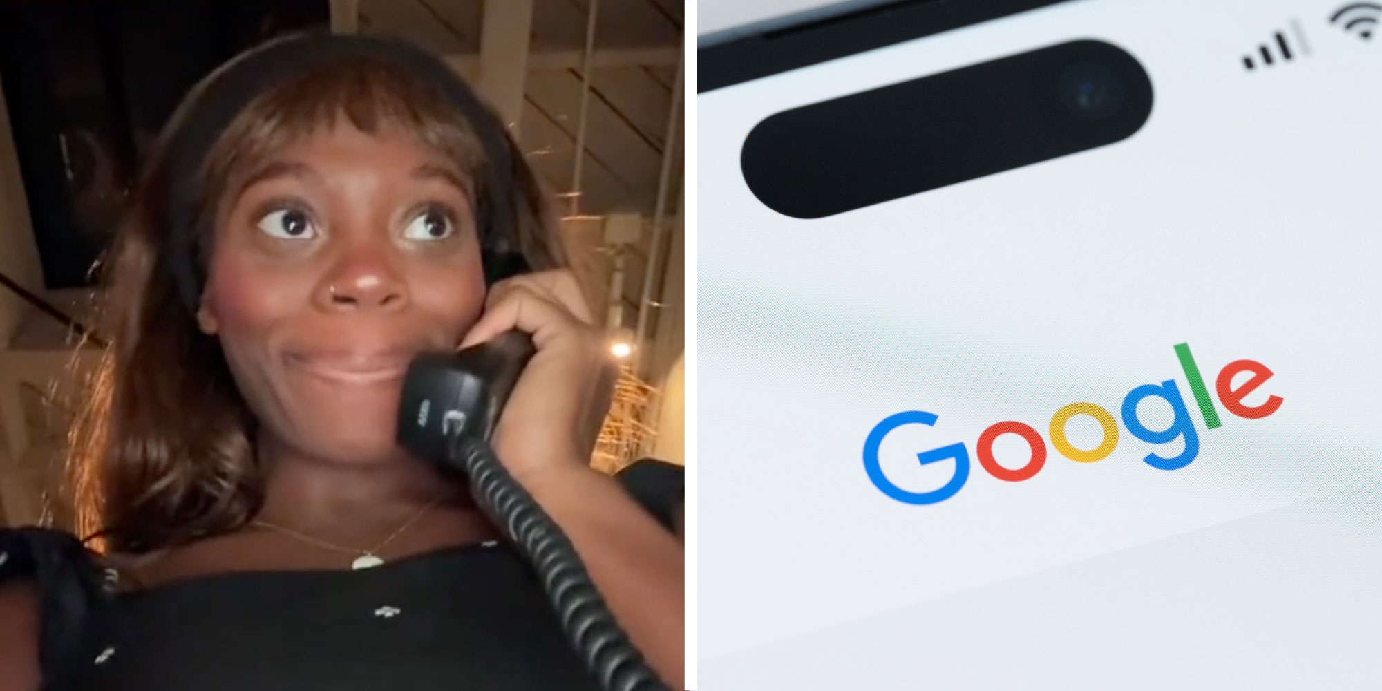 Two panel design with a woman holding up a phone with a smirk on her face, next to an image of a goodle search engine on a phone