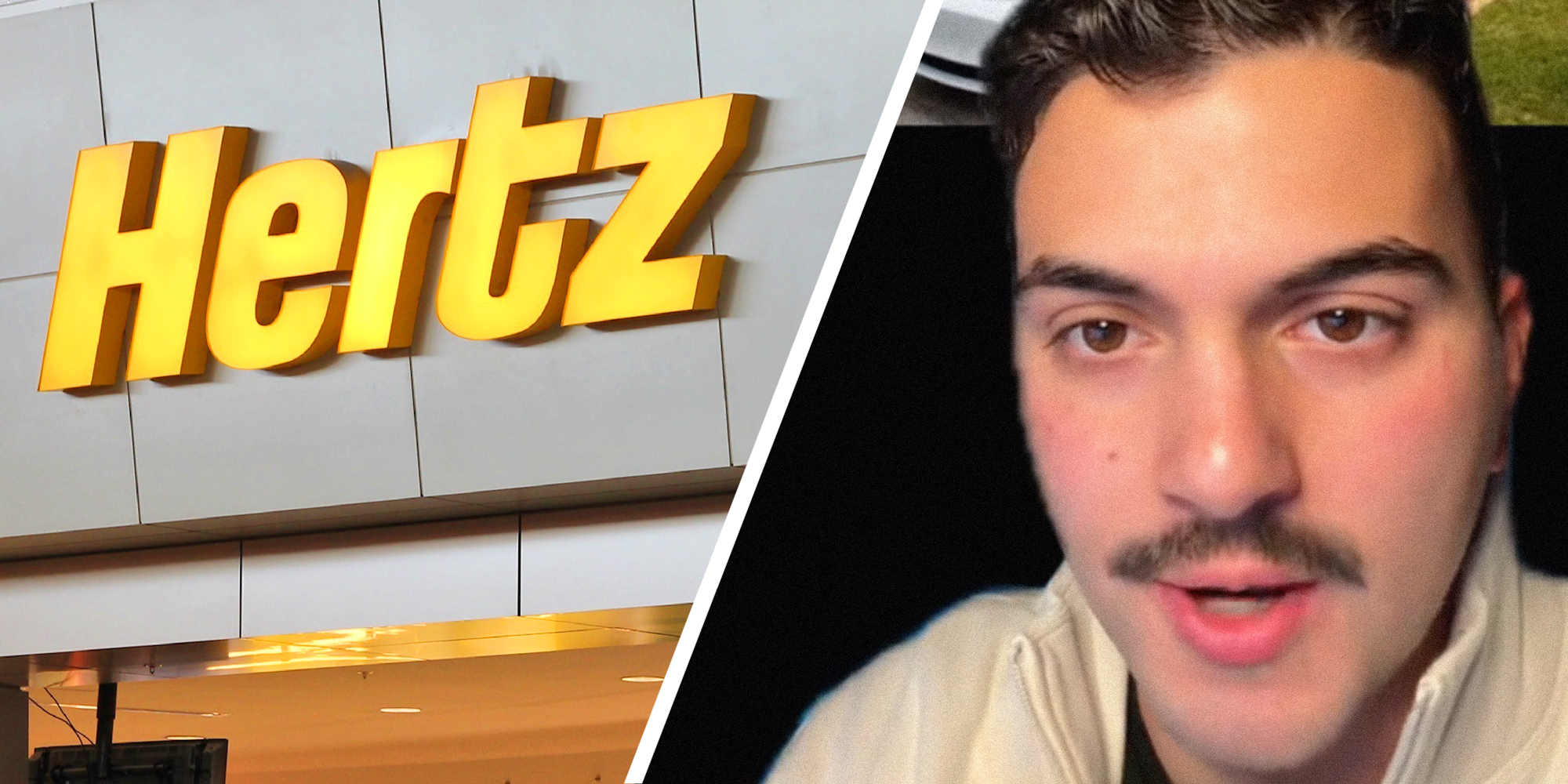 2 panel image: on the left is the Hertz sign and on the right a person explains.