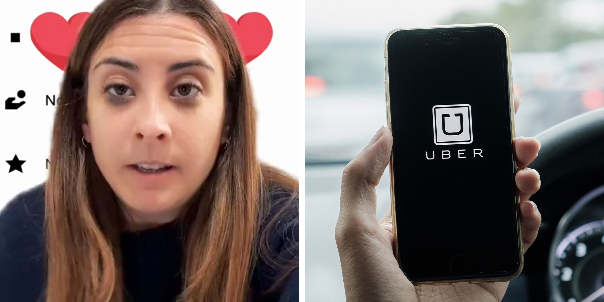 Two panel design with a woman talking to the camera on top of a receipt she is referring to in the video, next to an image of someone holding up a phone in a car with the Uber App on it