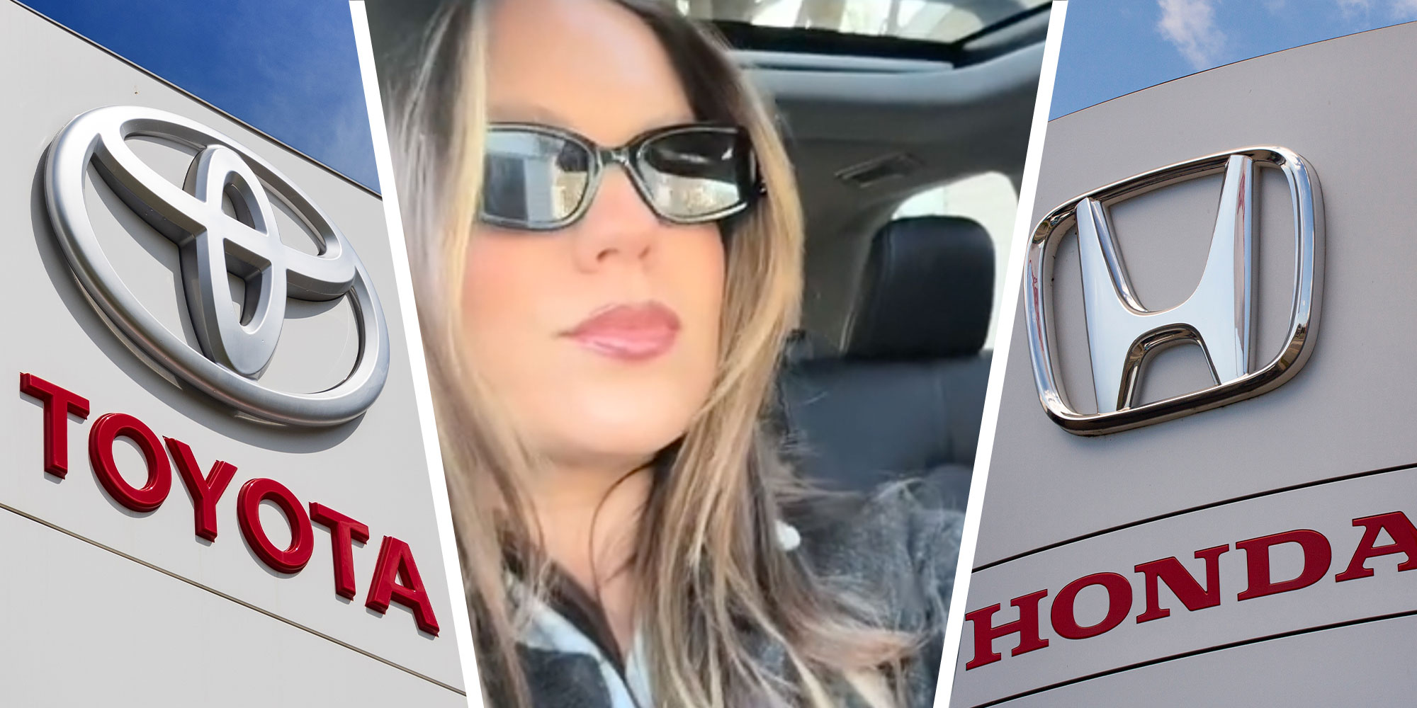 Three panel design with a Toyota dealership sign in one, next to an image of a woman in a car, next to an image o a Honda Dealership sign