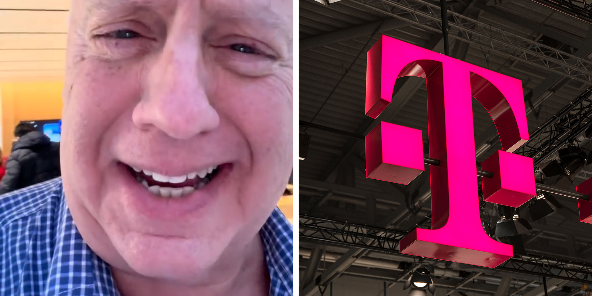 Two panel design with a man talking at the camera and smiling, next to an image of a T-Mobil sign.