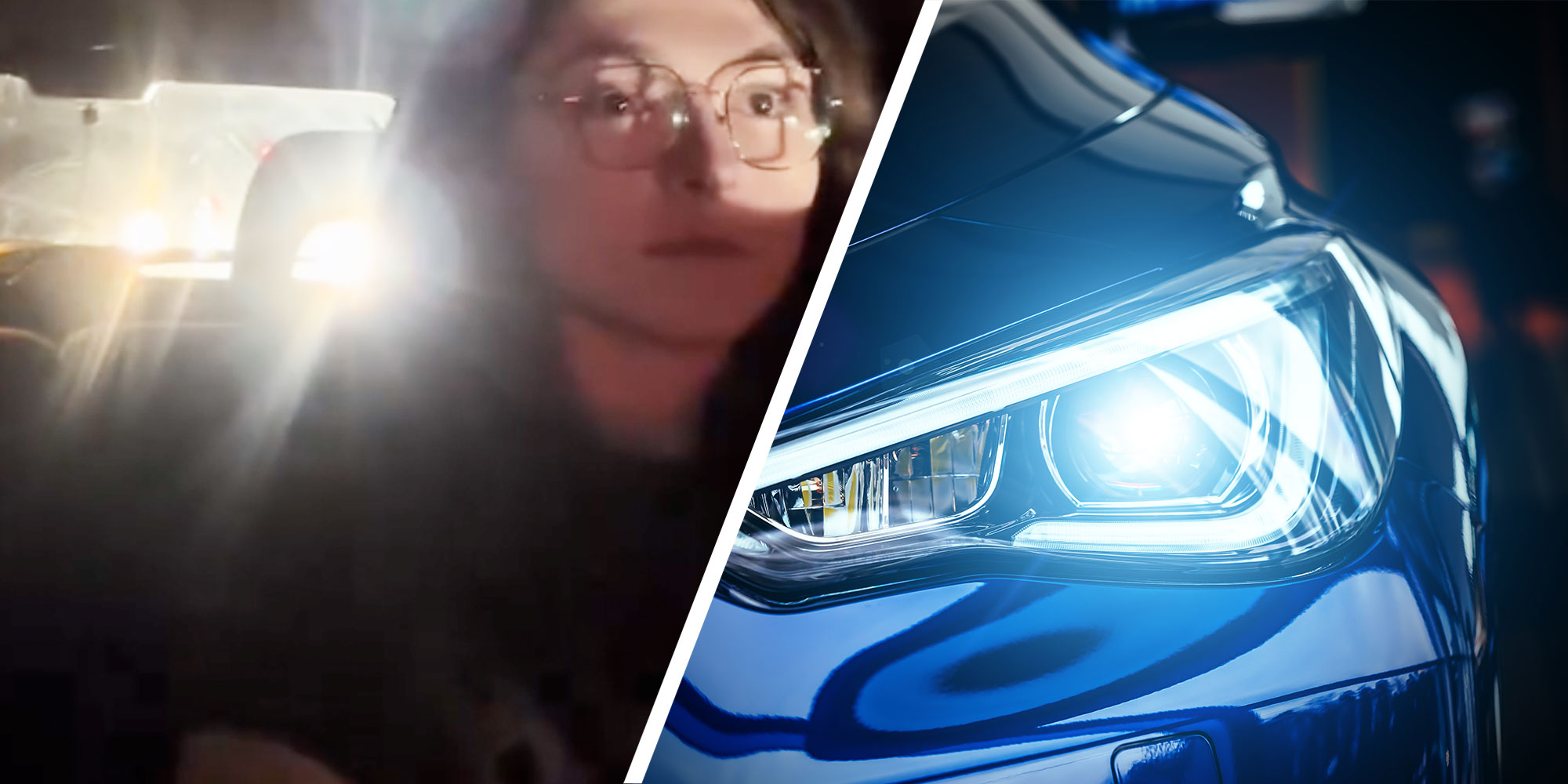 Two panel design with a woman in her car driving with a headlight in her eyes, next to an image of a bright headlight