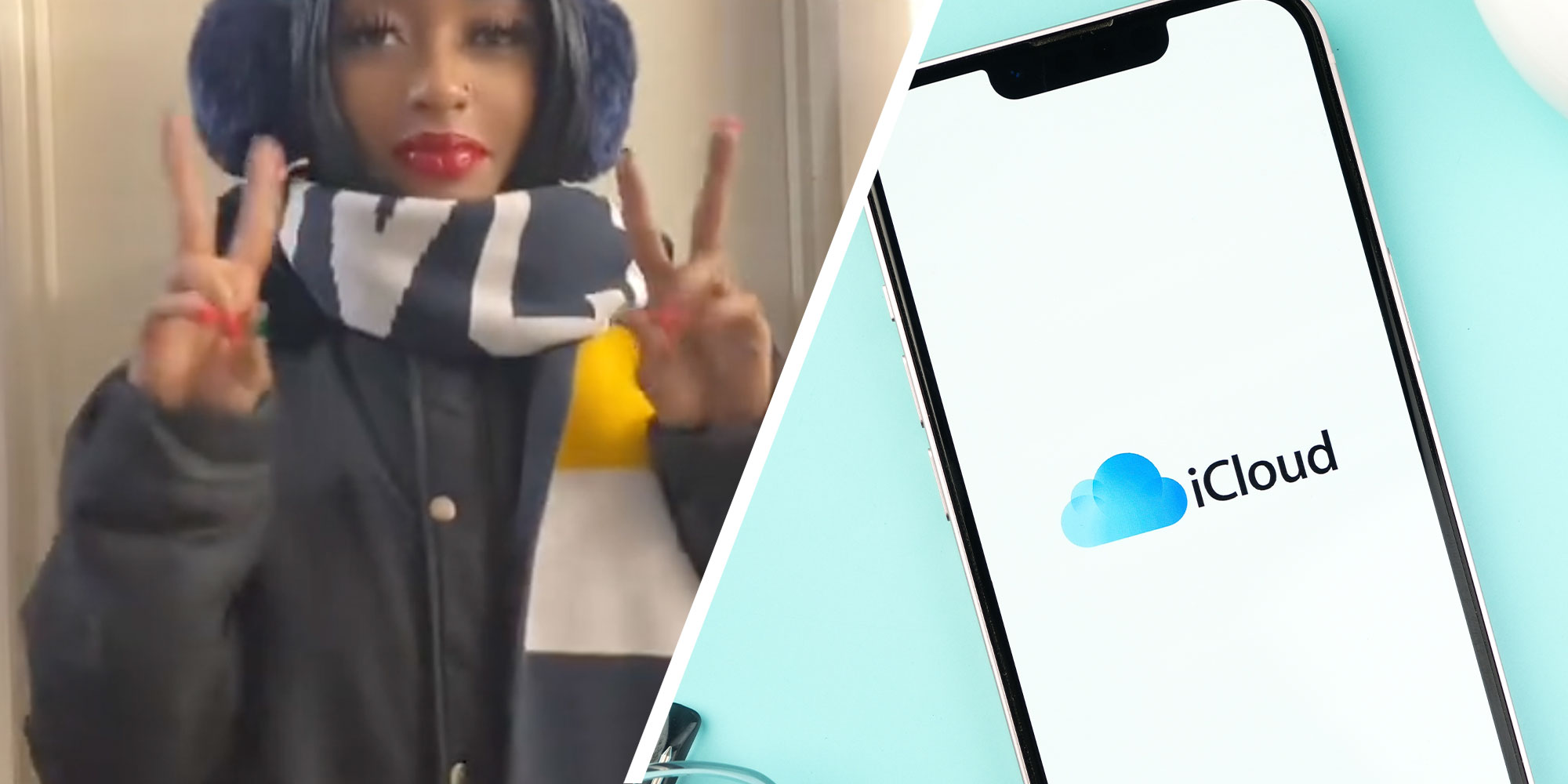 Two panel design with a woman giving two peace signs at the camera, next to an image of a phone with the Icloud app