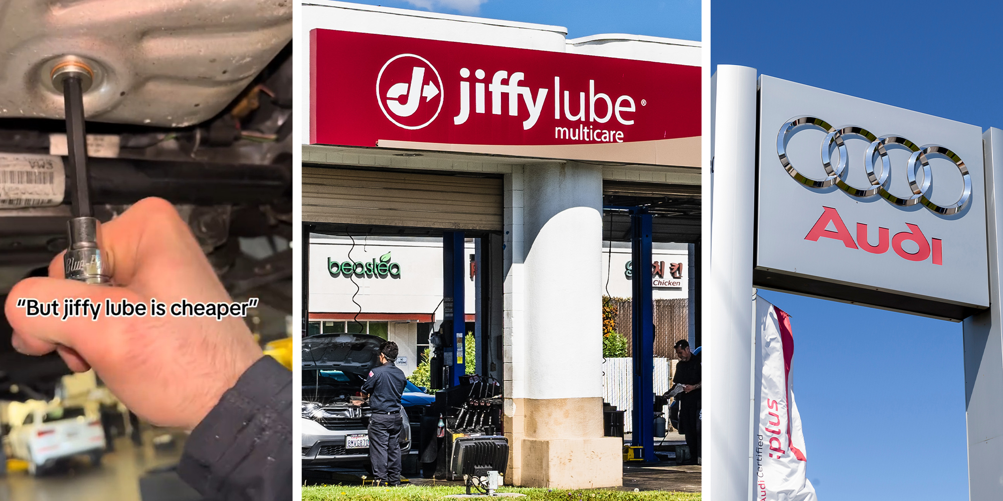 Mechanic Holding tool(l) Jiffylube store sign(c) Audi Dealer Sign(r)
