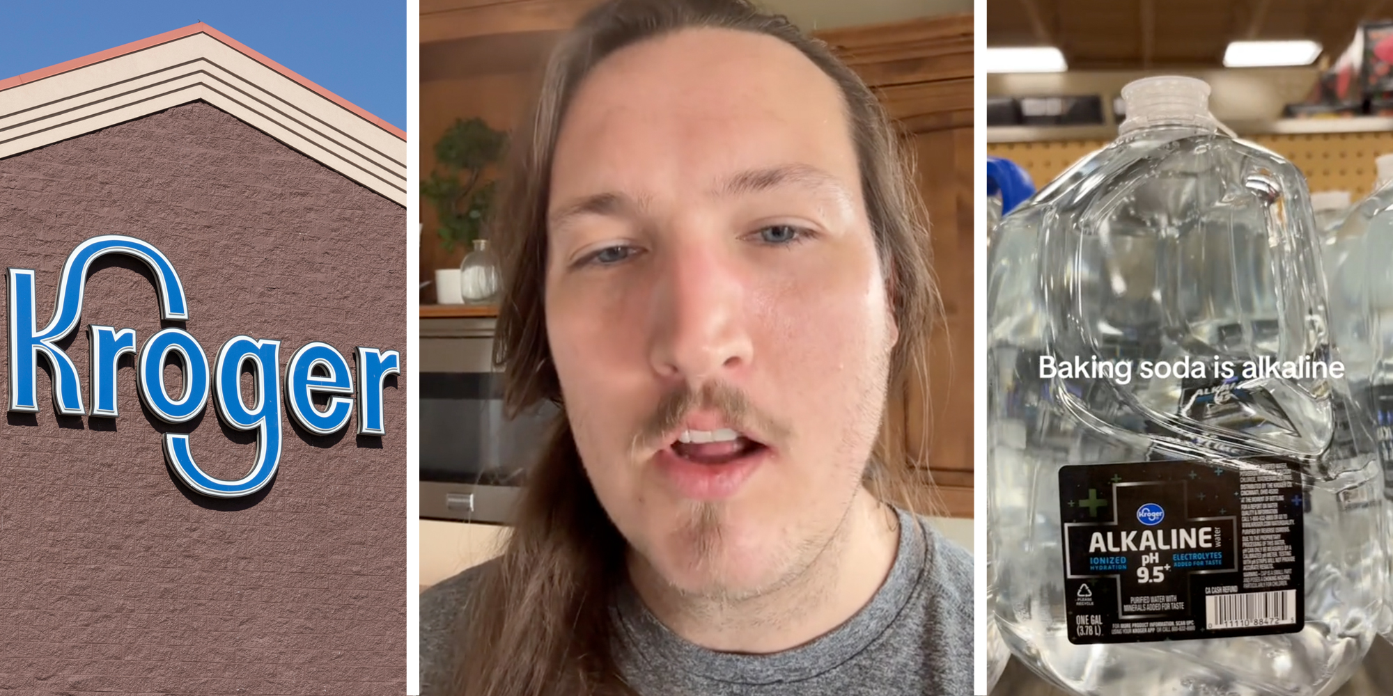 Kroger(l), Man talking(c), Bottle of water(r)