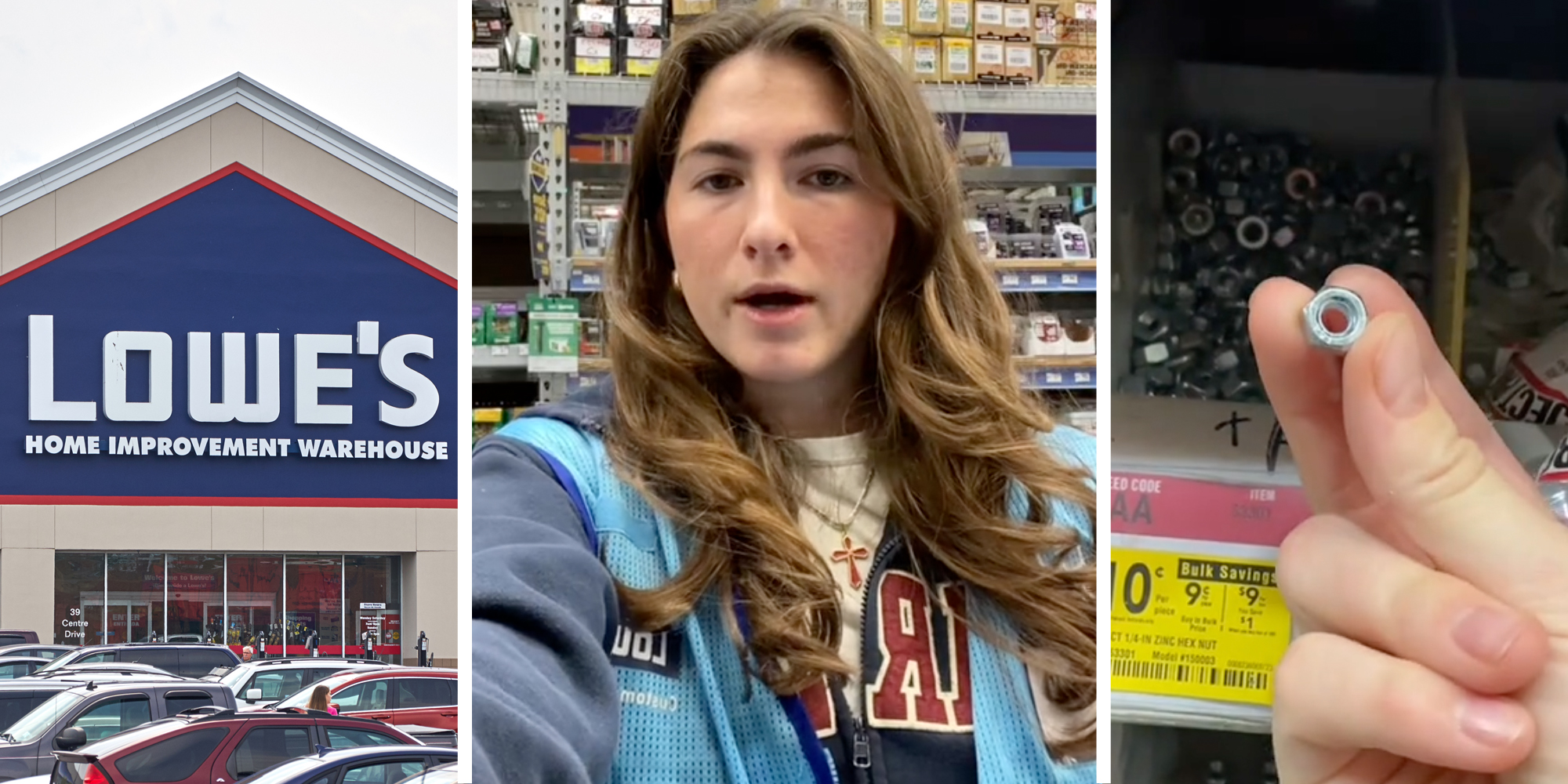 Lowe's storefront(l), Woman talking(c), Hand holding nut(r)