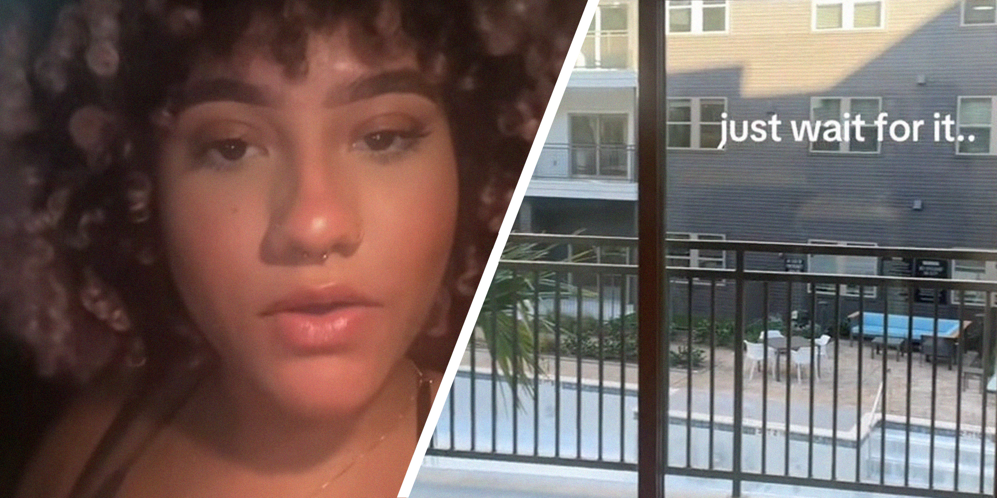 Woman with curly hair(l) View of outside of Luxury Apartment(r)