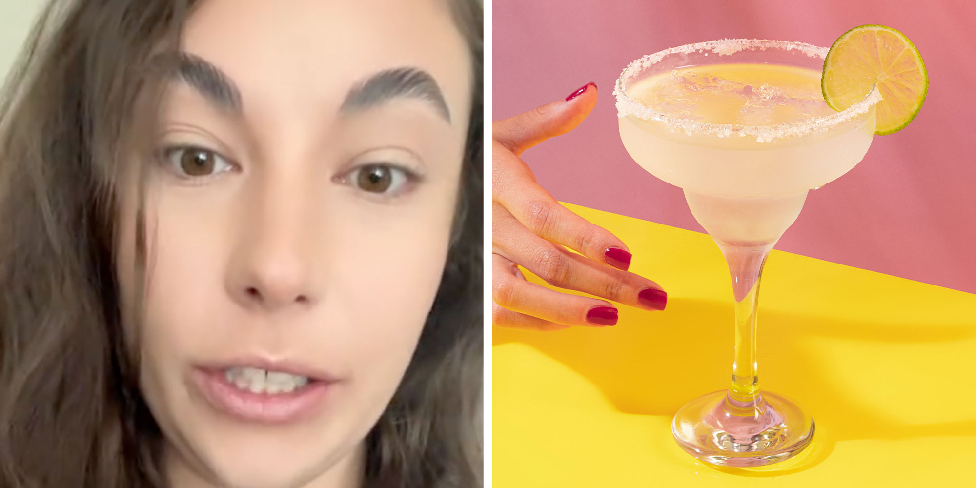 Two panel design with a woman looking annoyed and at the camera in one, next to an image of a margarita