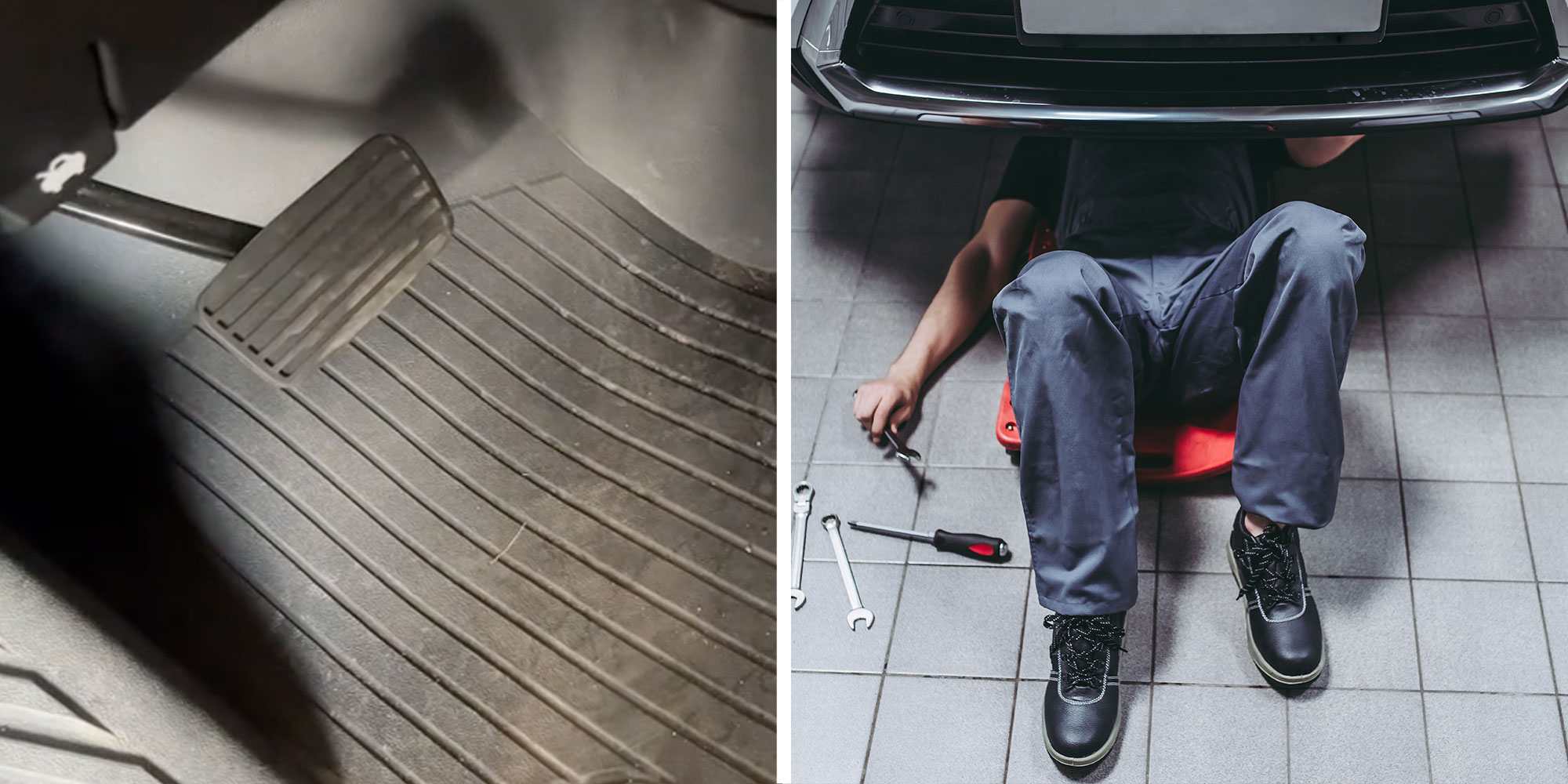 Two panel design with an imag of a brake pedal, next to an image of a mechanic under a car