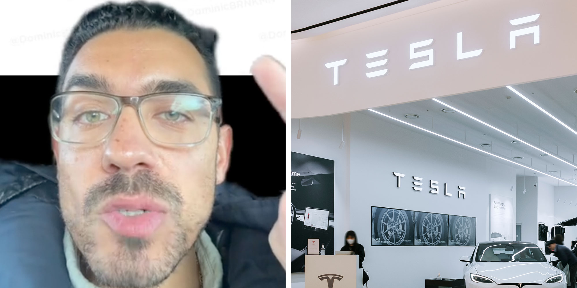 Two panel design with a man talking at the camera next to an image of a Tesla showroom