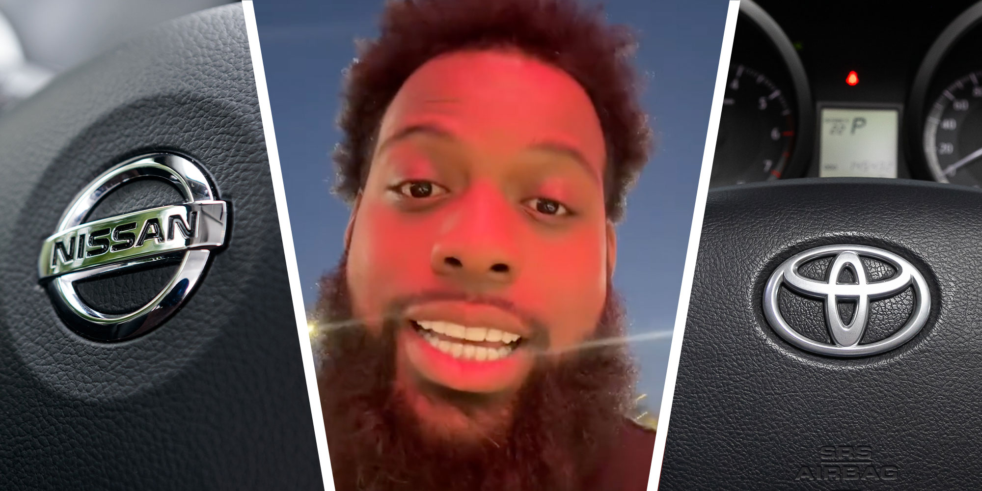 Three panel design with a close up of a Nissan steering wheel in one, next to an image of a man who is talking at the camera, next to a image of a close up of a Toyota steering wheel